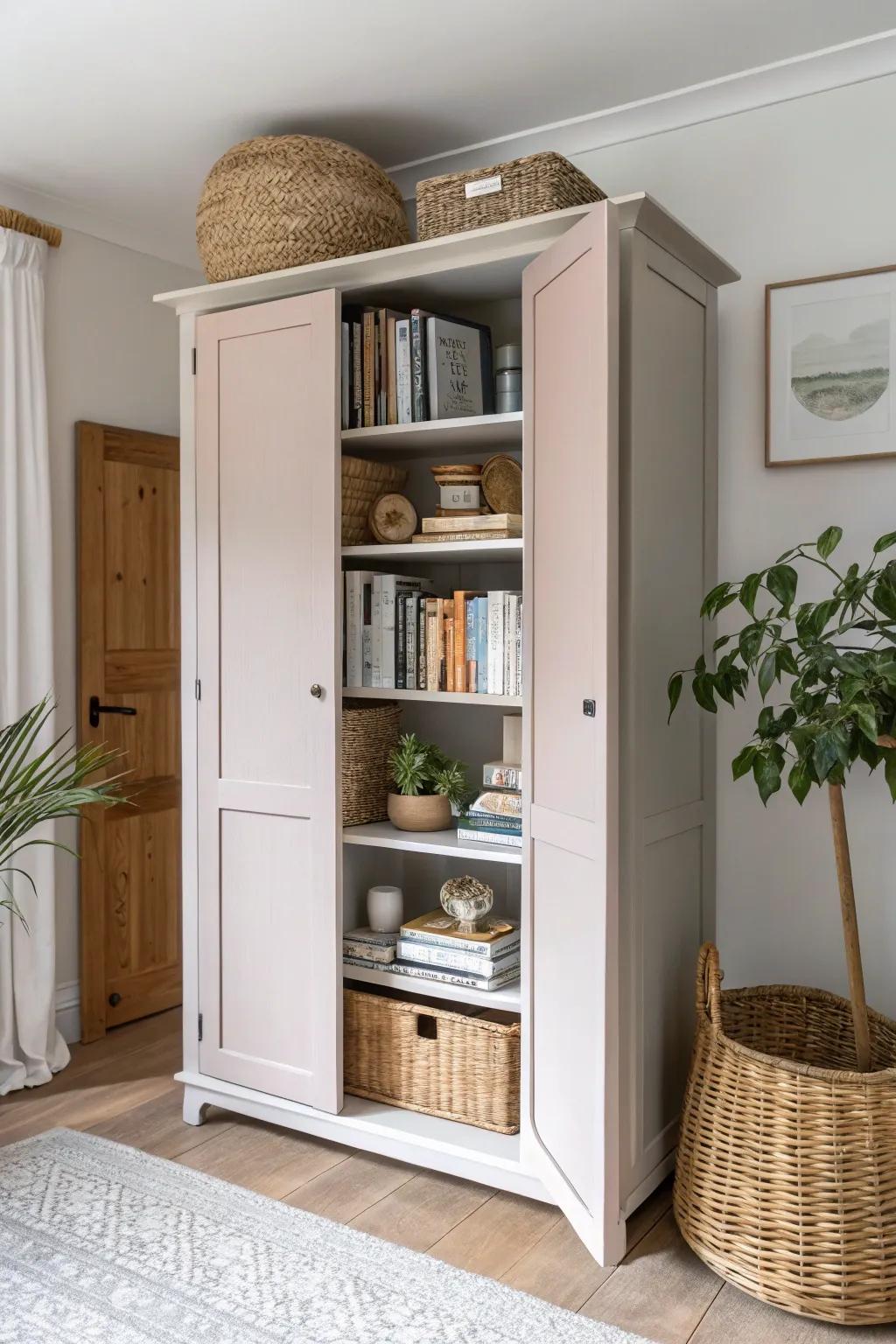 From wardrobe to chic bookshelf: A minimalist transformation that showcases your favorite reads with style.