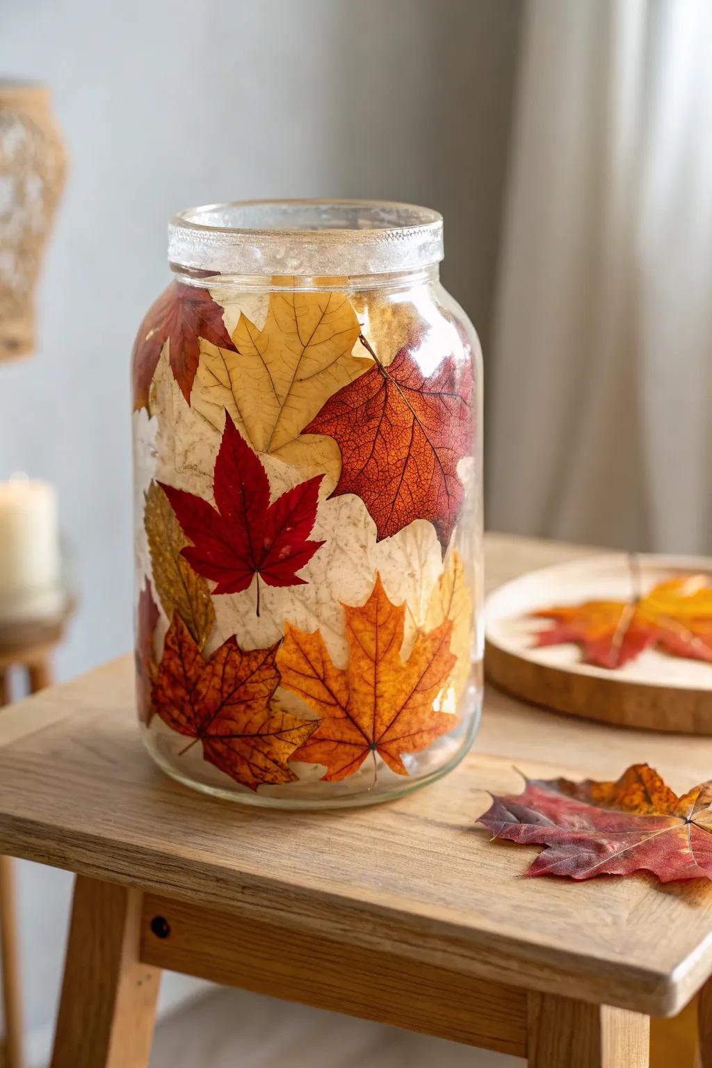 Embrace nature's elegance with this handcrafted resin jar, preserving the beauty of autumn leaves in minimalist style.