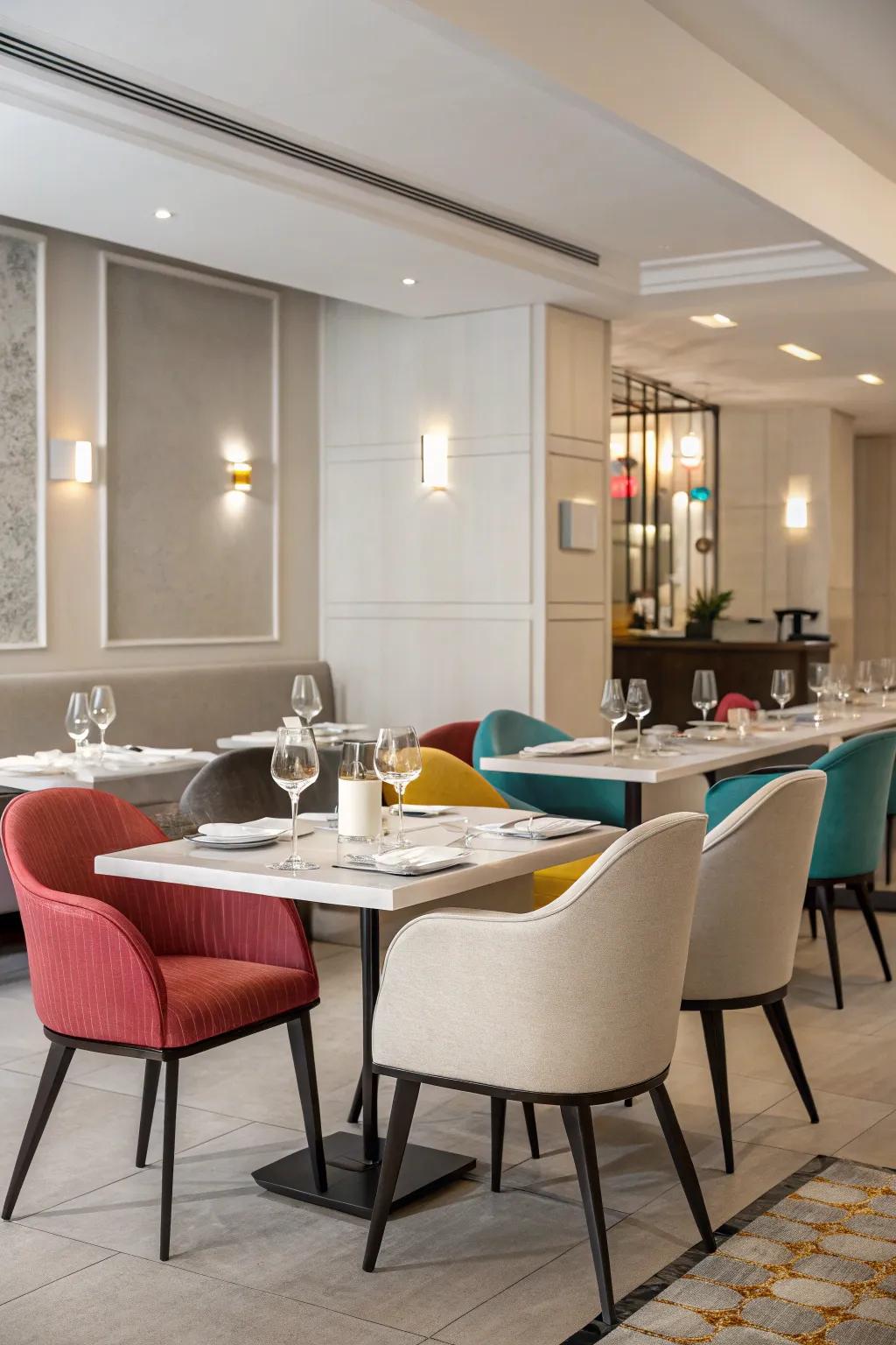 A modern minimalist restaurant with neutral tones accented by vibrant pops of color.