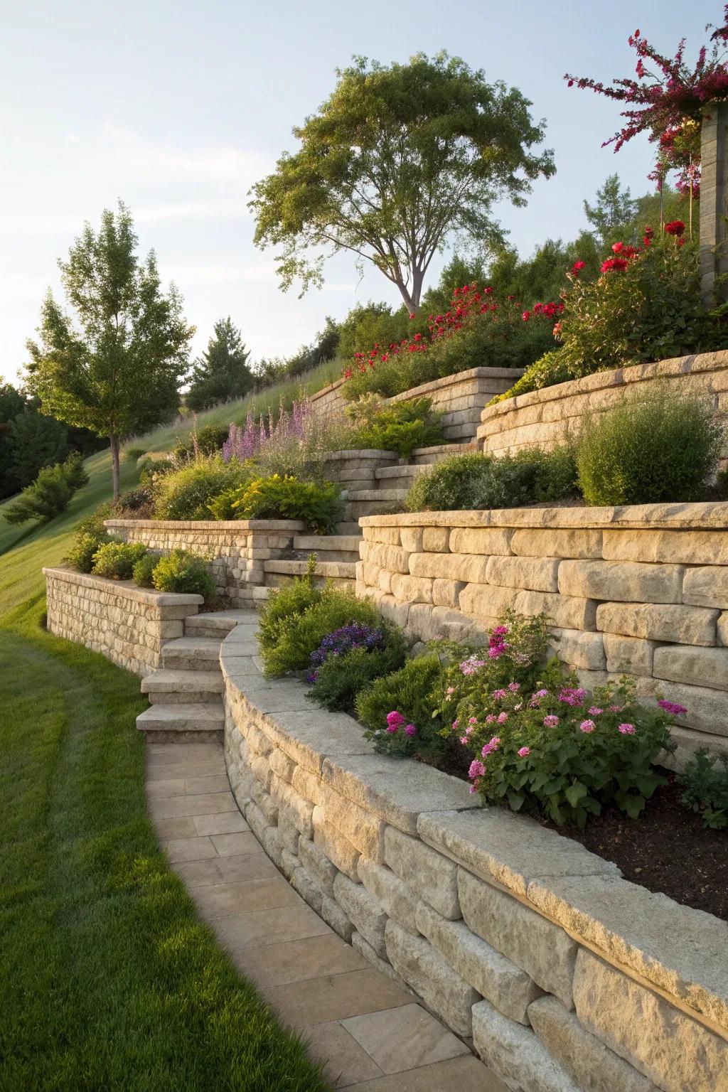 Transform your slope into a serene retreat with tiered retaining walls that blend craftsmanship and nature.