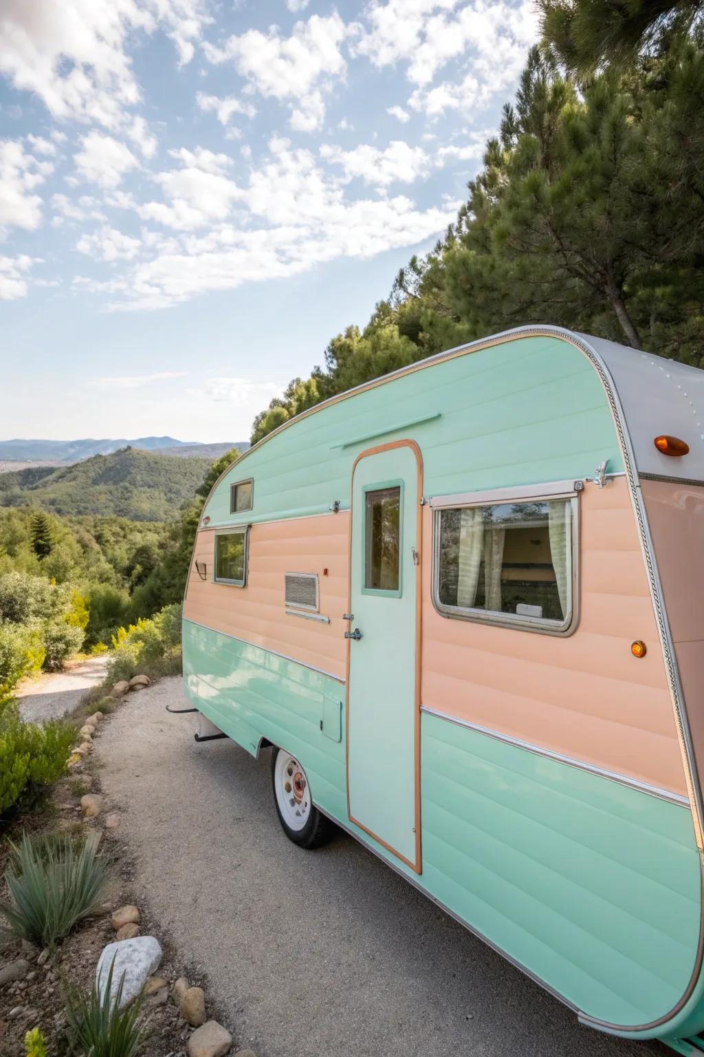 Step into a vintage wonderland with this pastel retro camper.