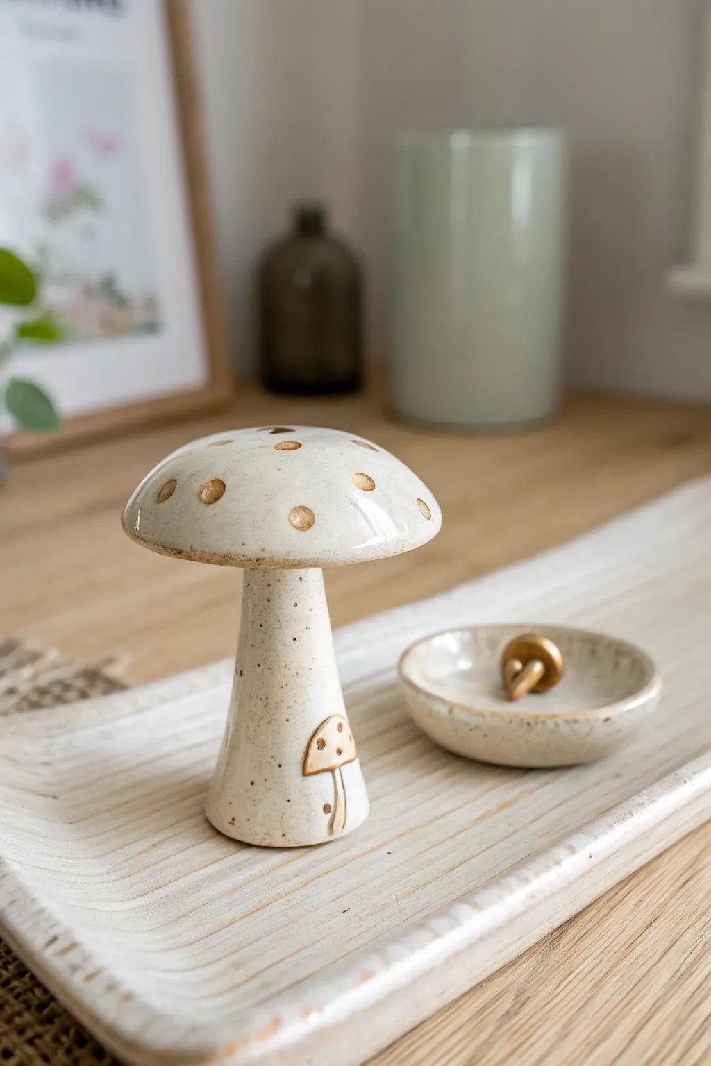 Enchant your space with a whimsical mushroom ring holder that marries simplicity with bohemian flair.