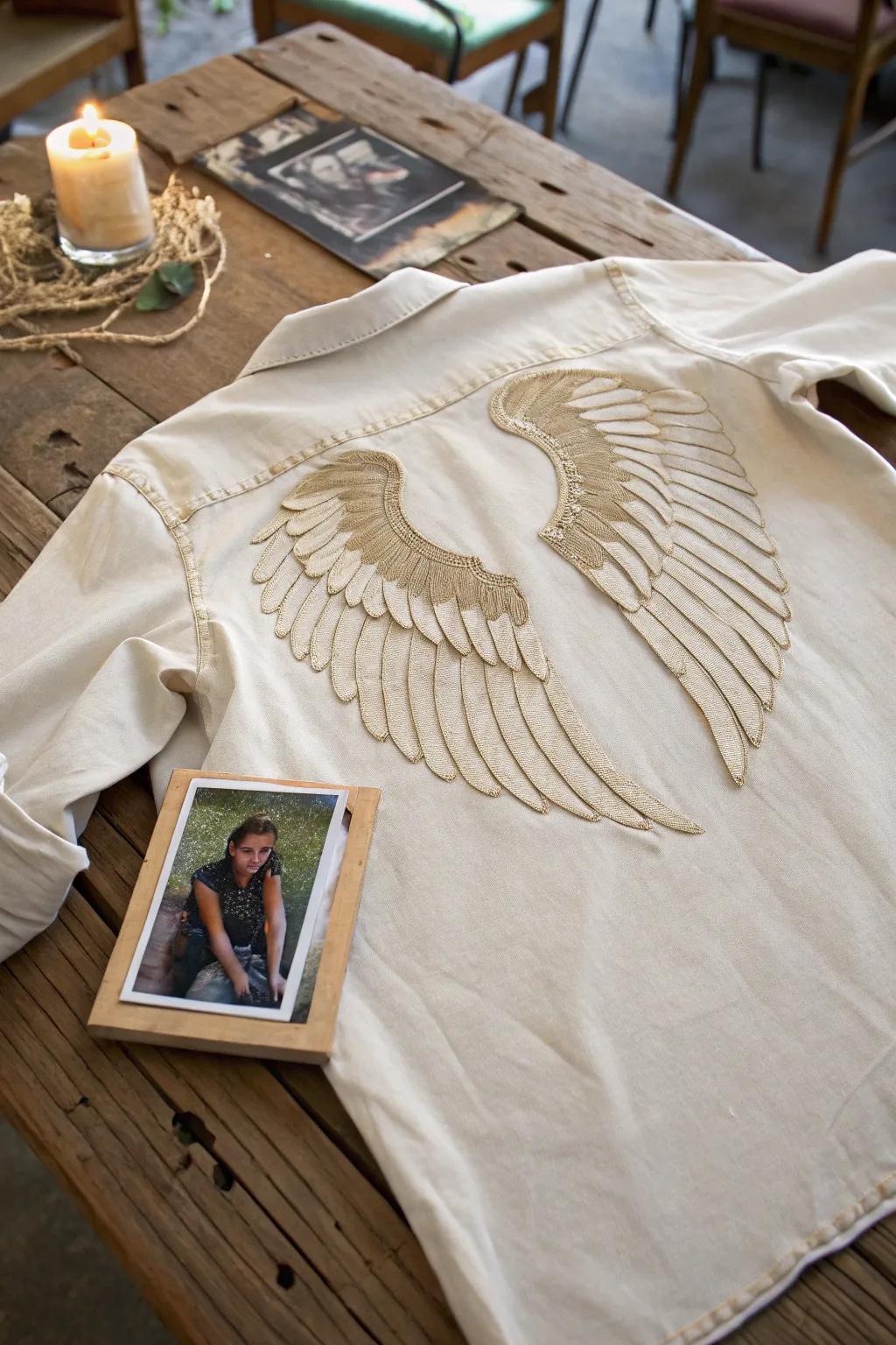 Celebrate their legacy with a handcrafted angel wings rip shirt, a heartfelt tribute.