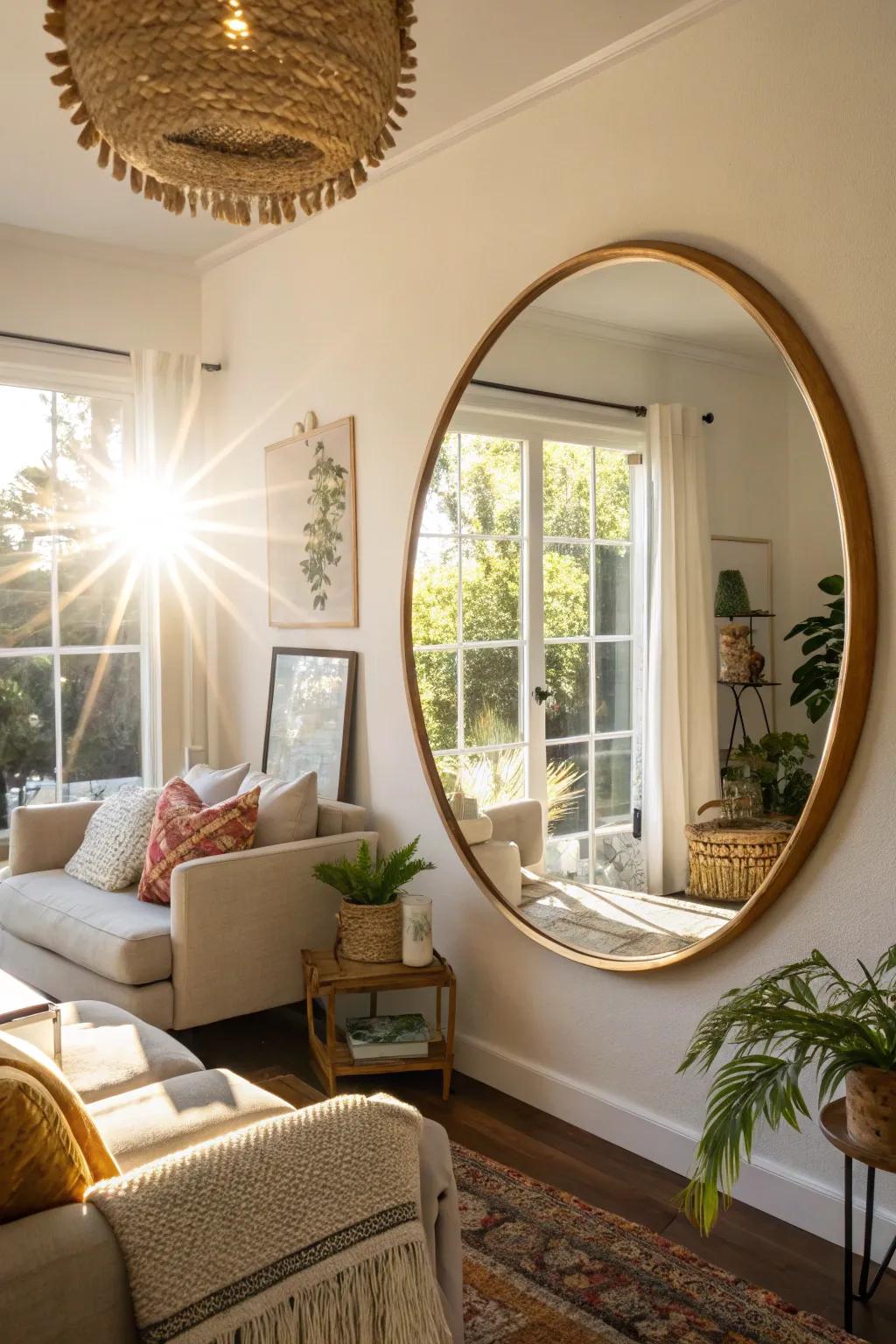 Round mirror strategically placed to reflect natural light from a window.