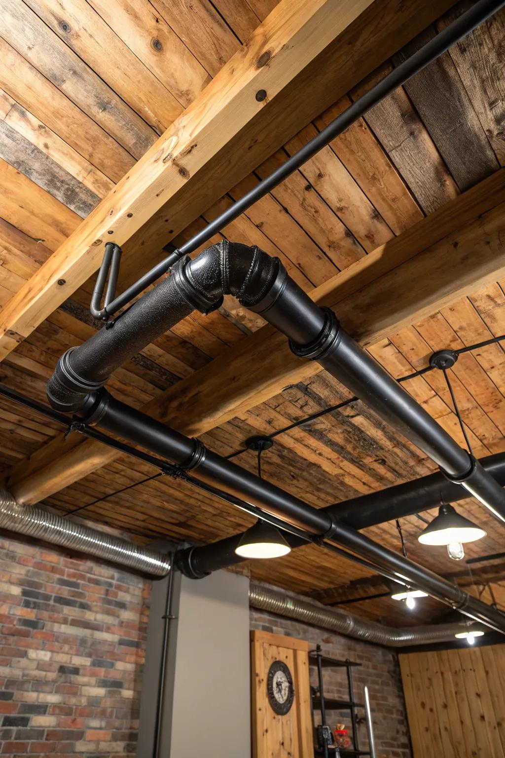Elevate your rustic basement with the bold charm of matte black metal pipes against wooden ceilings.