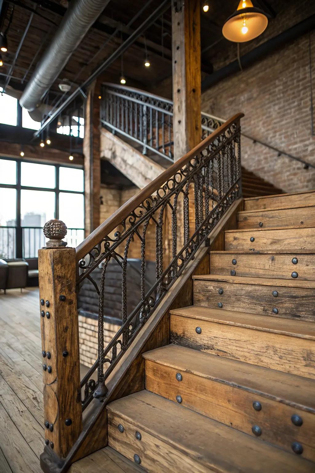 A rustic stairway enhanced by elegant wrought iron railings.