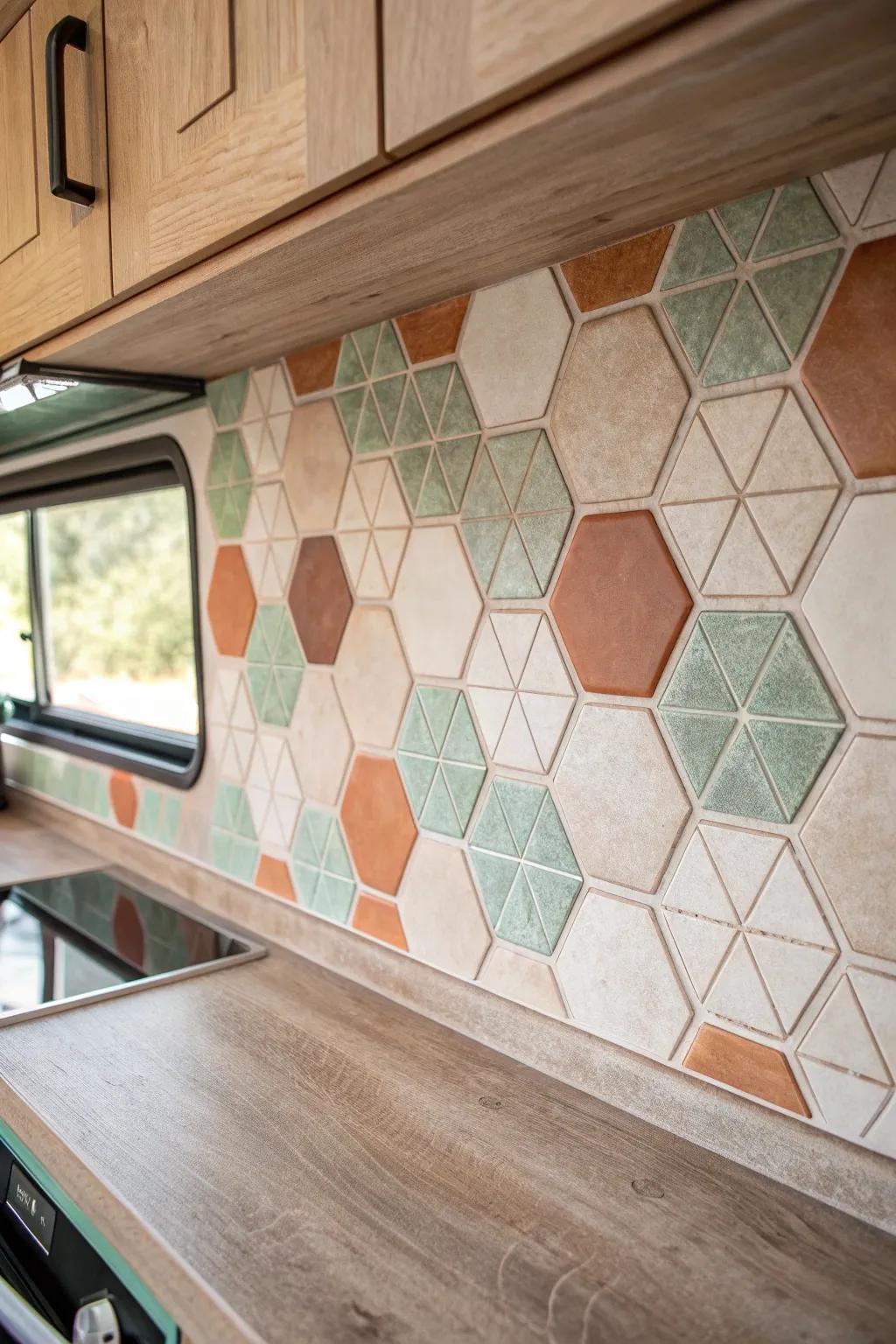 Transform your RV space with a stunning geometric backsplash that combines minimalist charm with a Boho twist.