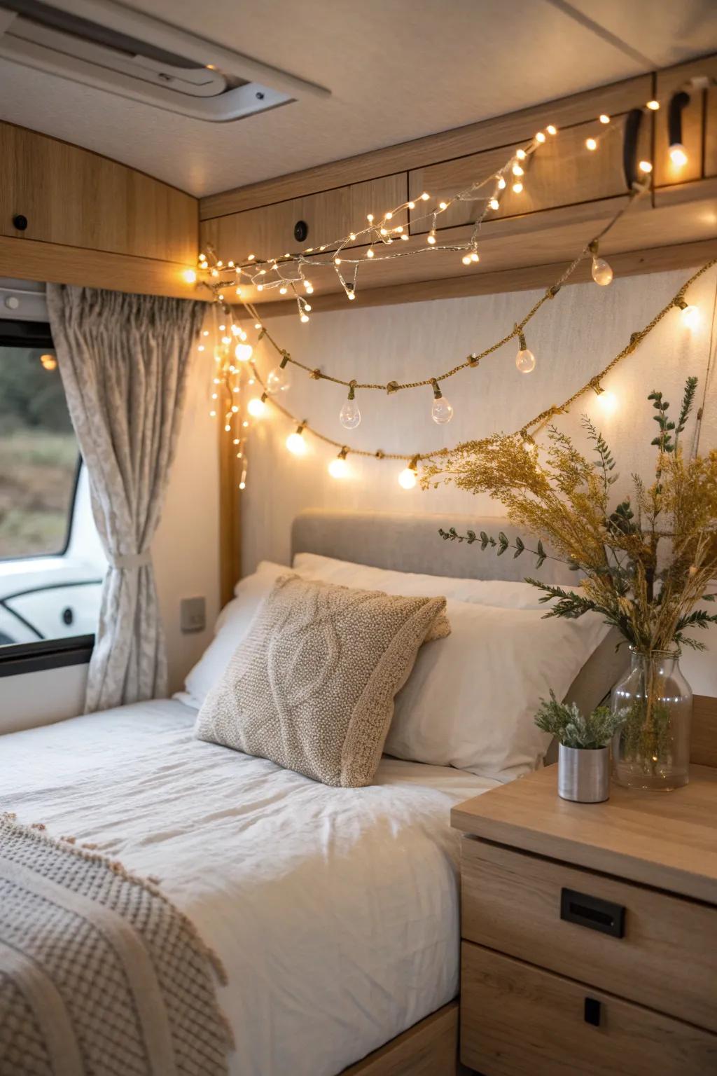 Transform your RV bedroom into a cozy retreat with the warm glow of string lights.