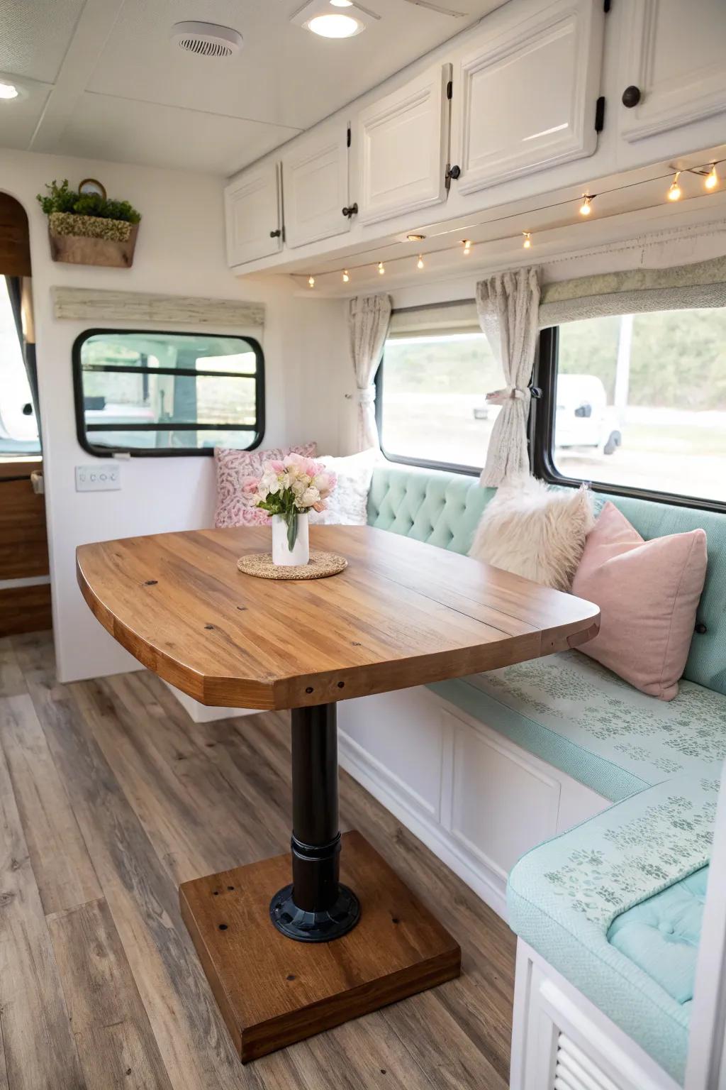 Experience the spacious elegance of an RV with a light and airy palette, where craftsmanship meets comfort.