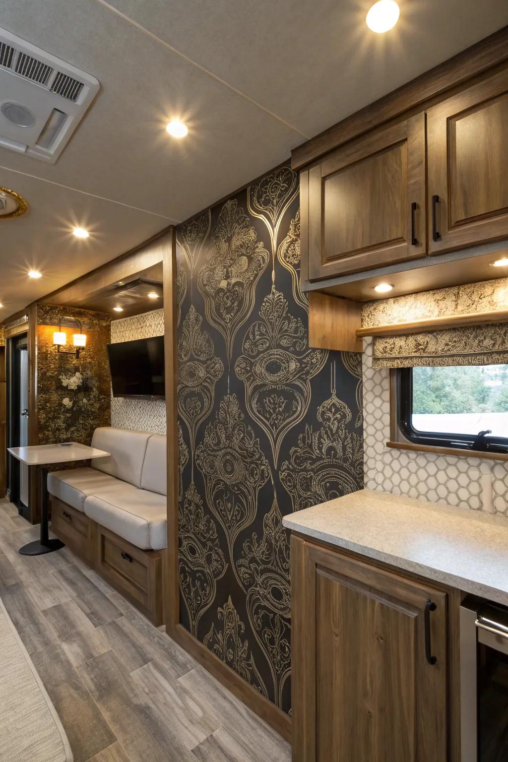 Transform your RV with a stunning feature wall—peel-and-stick wallpaper adds style and personality with ease.