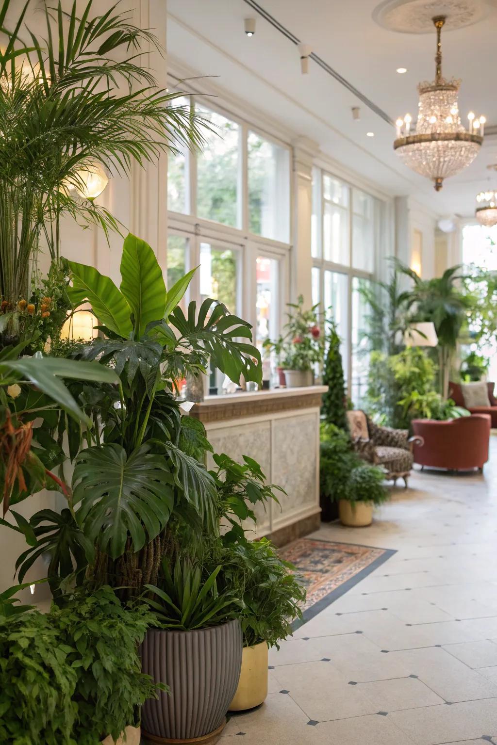 A salon reception area brought to life with lush greenery and vibrant indoor plants.