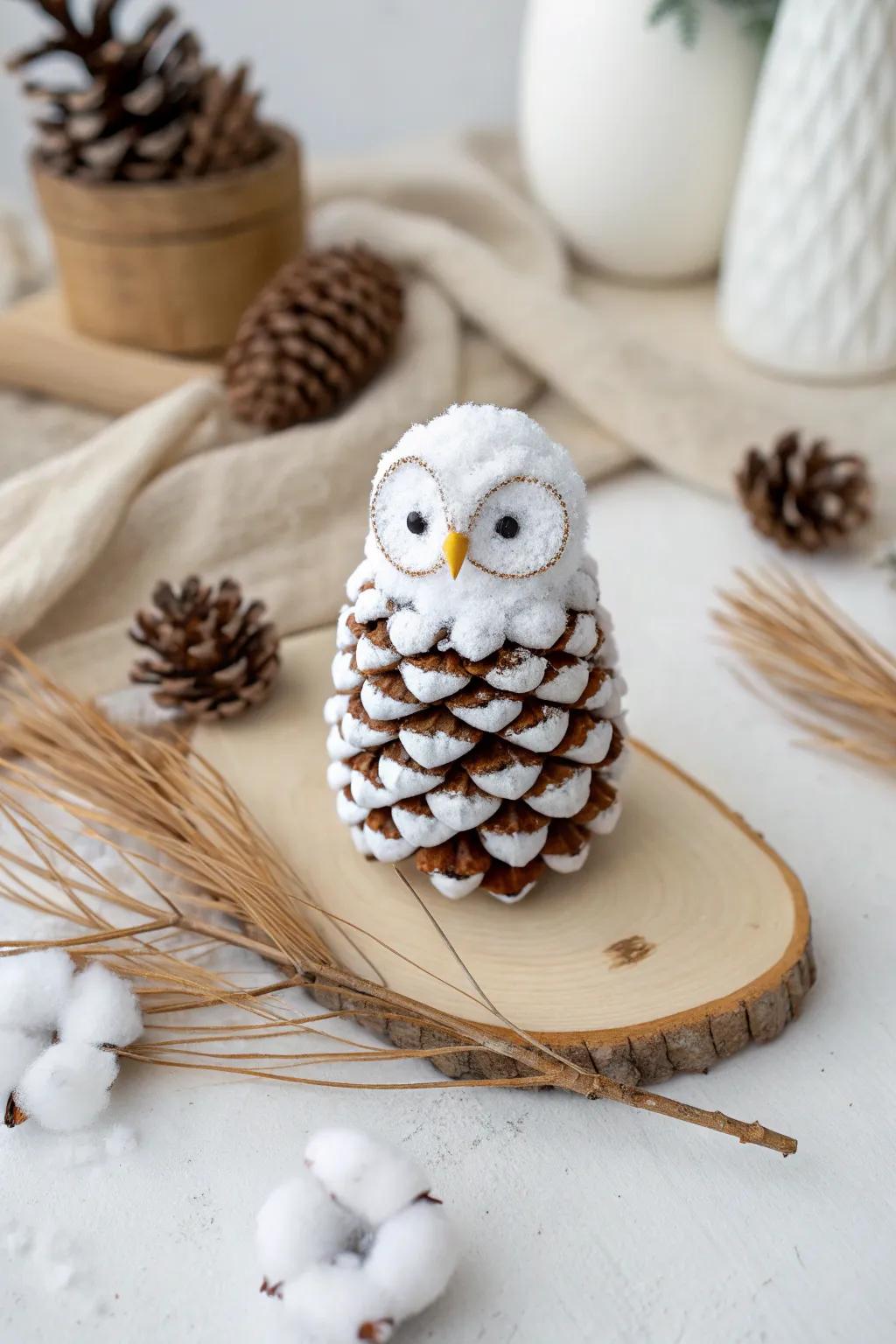 Embrace the whimsical charm of winter with a handcrafted pinecone snowy owl.