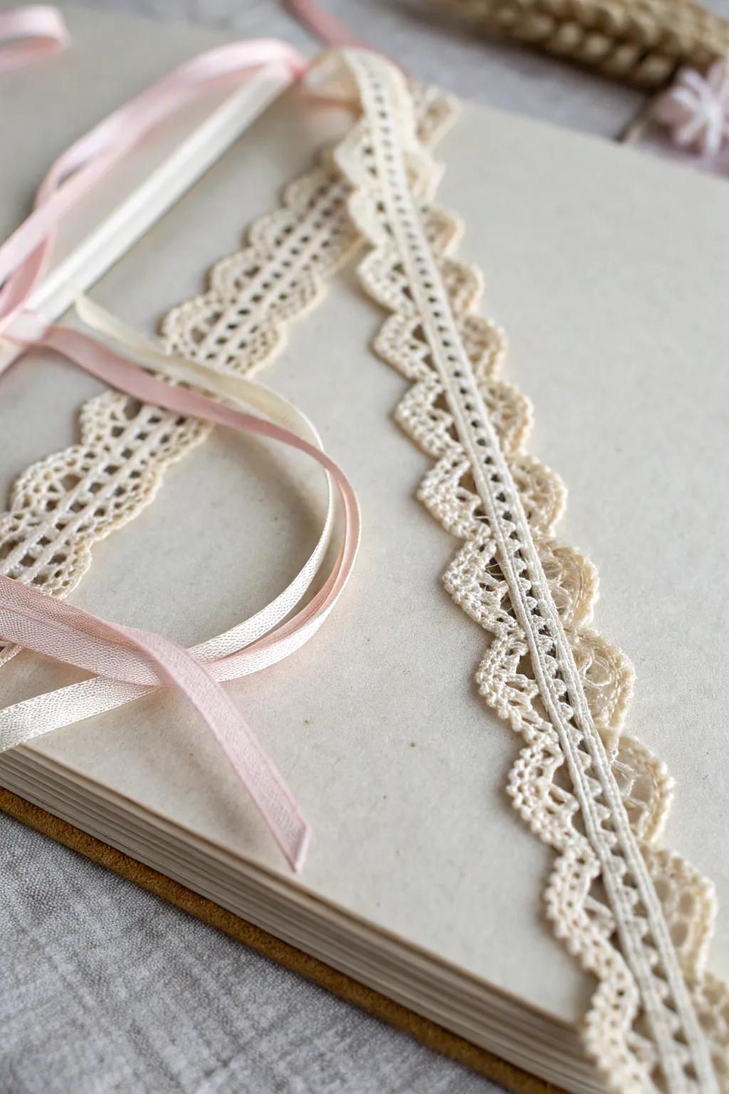 Elevate your scrapbook with the elegance of ribbons and lace.