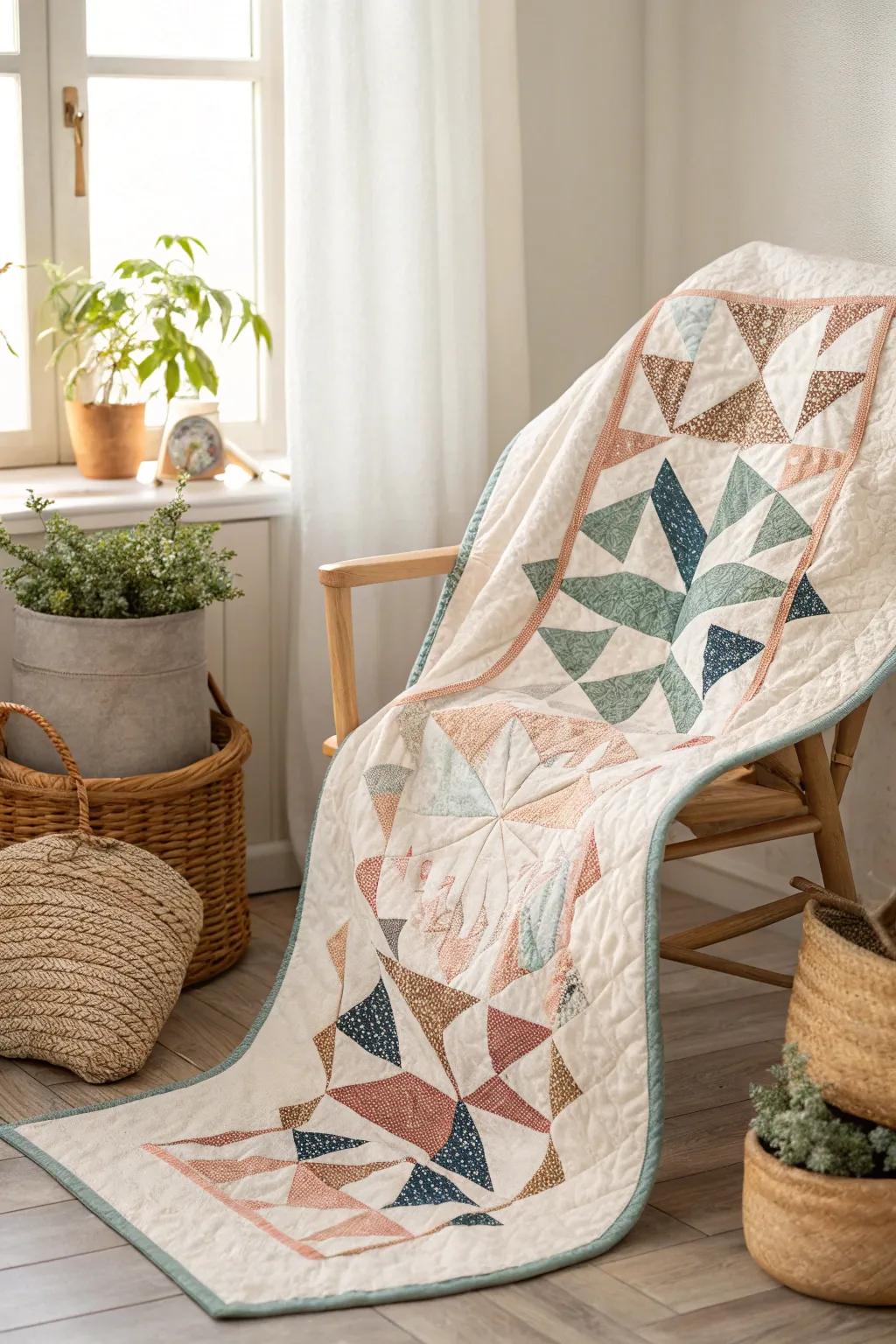 Discover the art of geometry with this stunning scrappy quilt, where stars and diamonds create a masterpiece of color and shape.