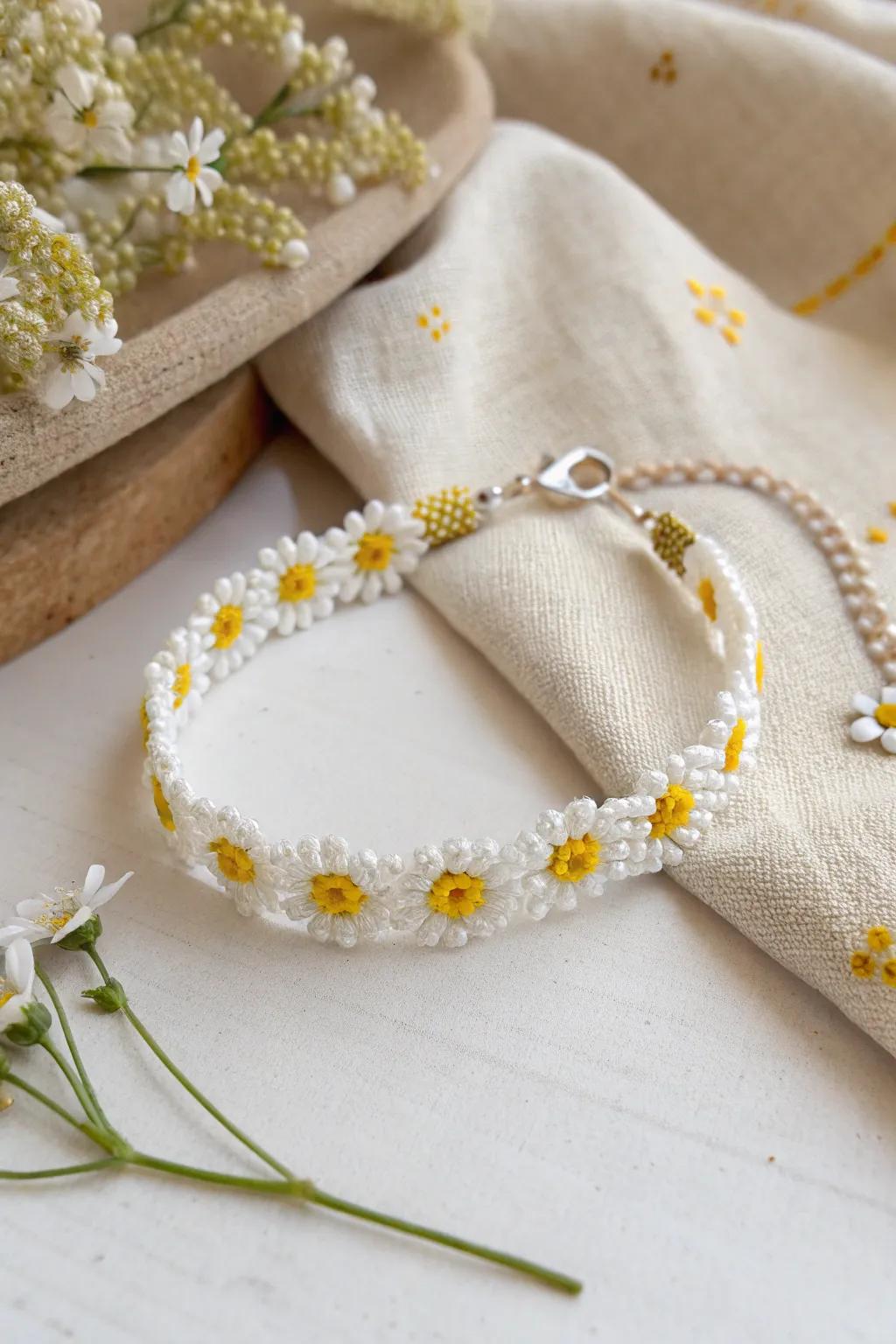 Embrace springtime charm with a handcrafted daisy chain bracelet that captures the essence of simplicity and elegance.