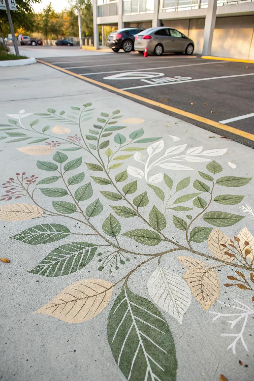 Transform your parking spot into a serene escape with this nature-inspired stencil design, where simplicity meets elegance.