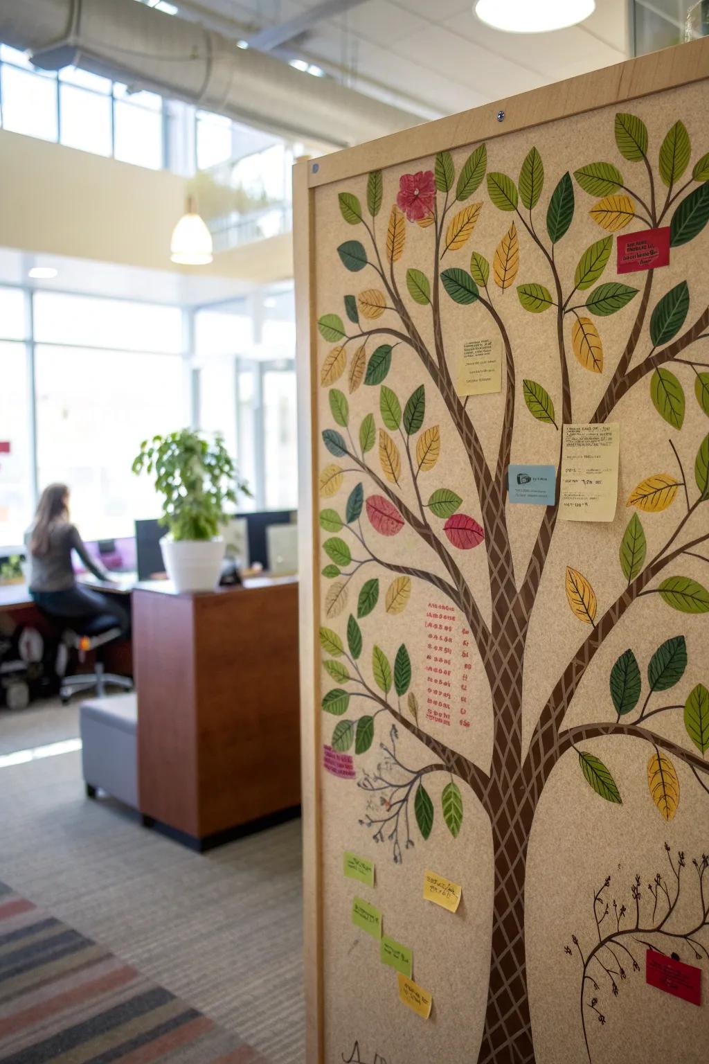 A tree of positivity with leaves filled with uplifting messages from the team.