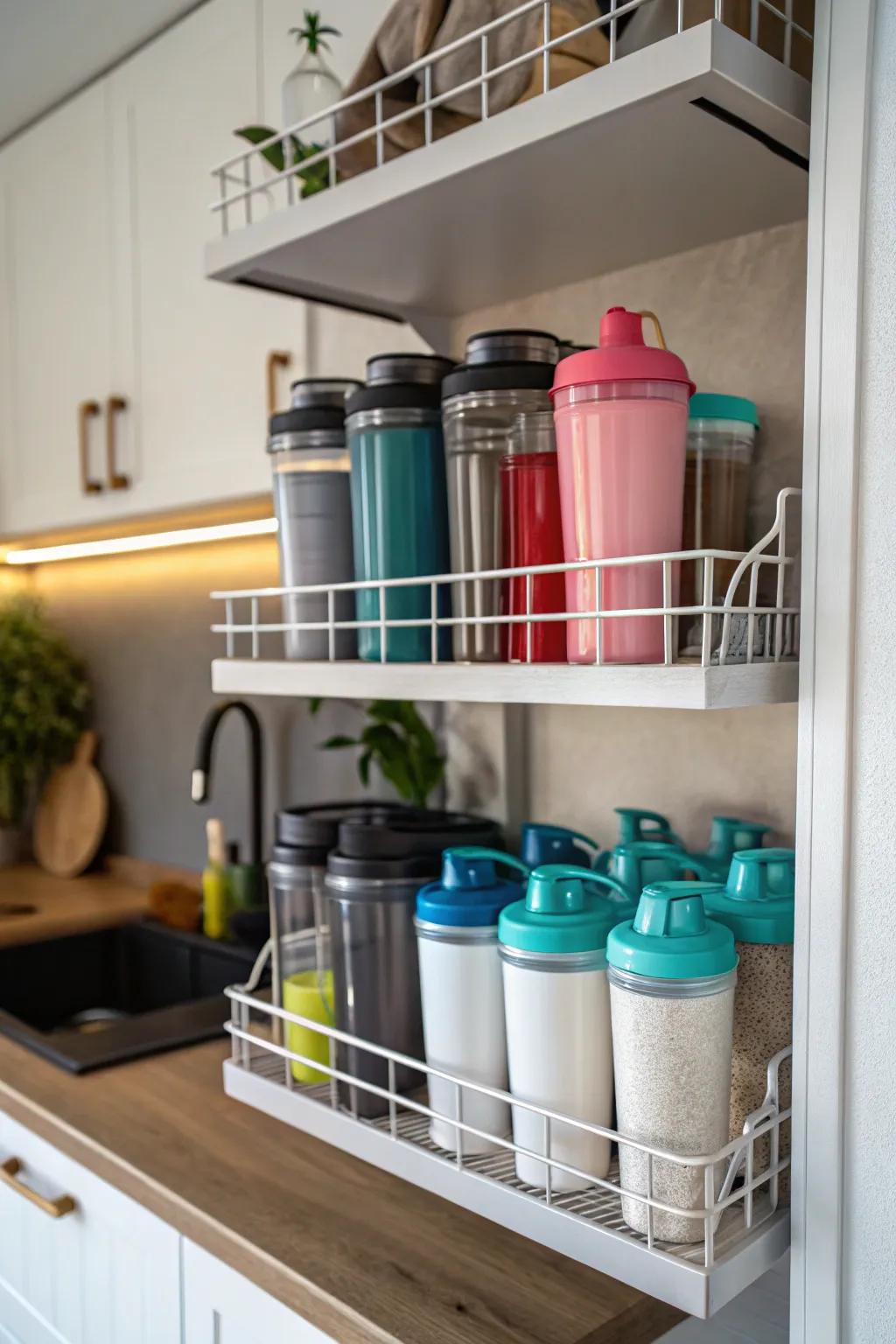 Tiered shelf organizers make the most of vertical space for shaker bottles.
