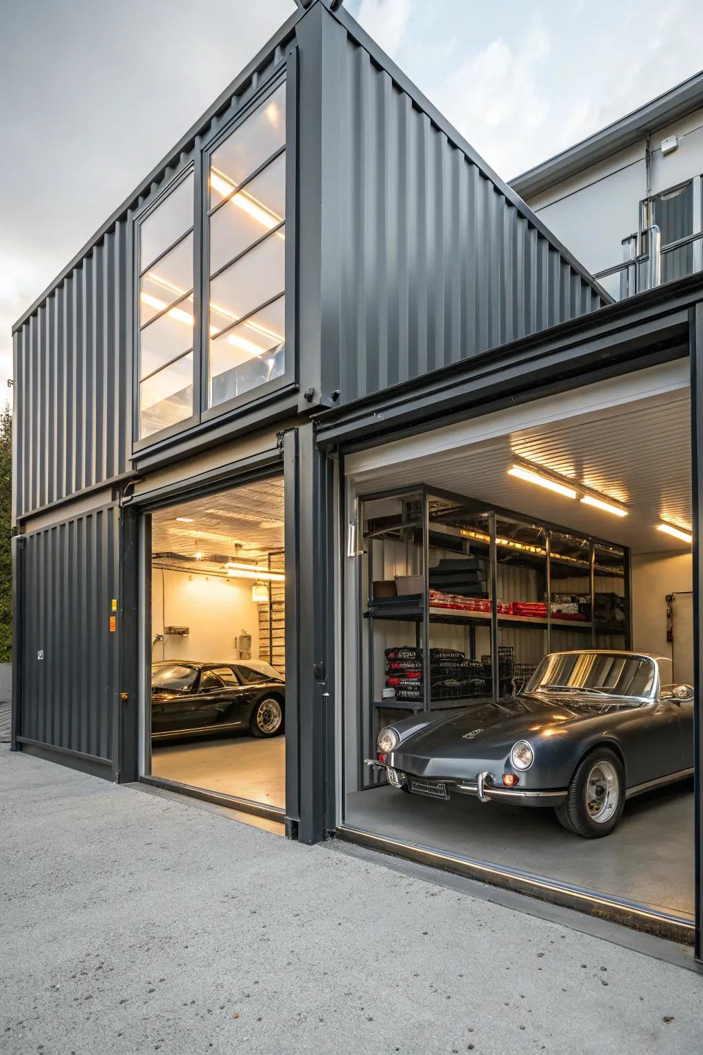 Transform your space with a sleek double container garage, perfect for car enthusiasts and craftsmen alike.