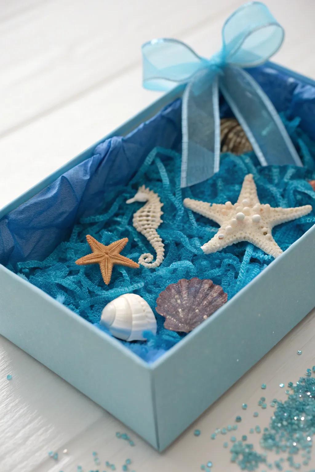 Dive into oceanic magic with this minimalist shoe box float, where sea creatures and shimmering waves create a serene underwater escape.