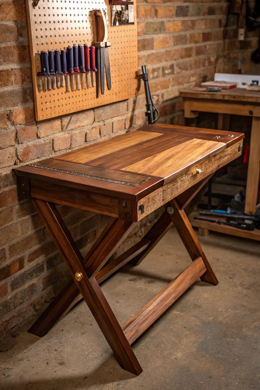 Maximize your workshop space with this elegant folding workbench, designed for both functionality and style.