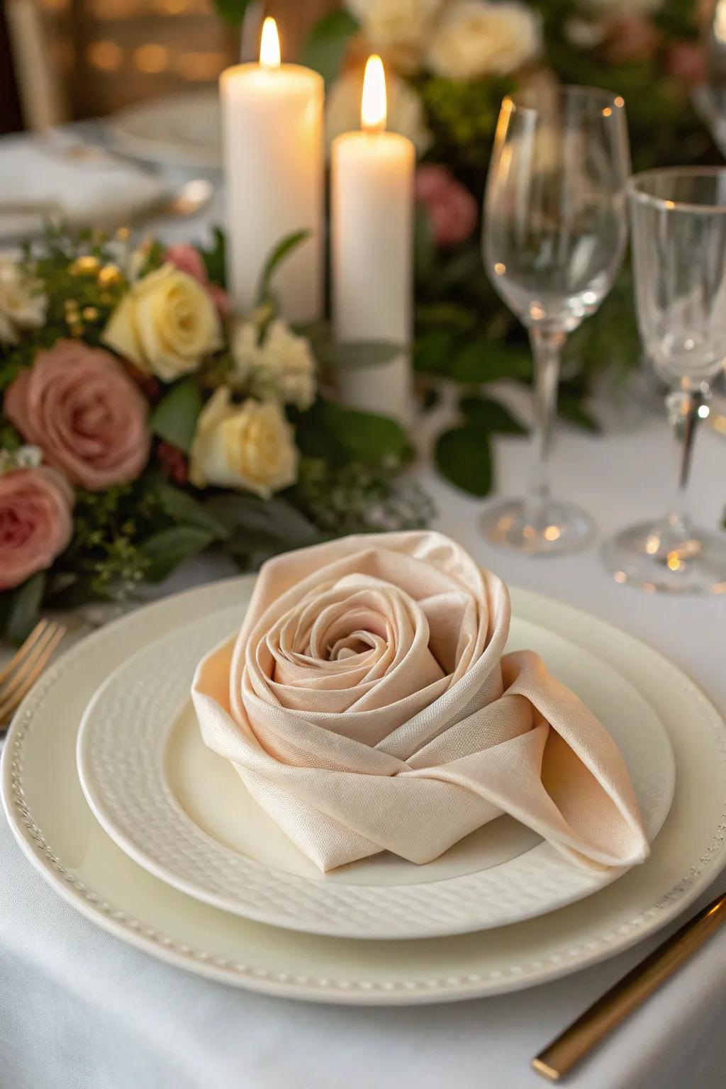 A silk napkin artfully shaped into a rose, ideal for creating a romantic dining ambiance.