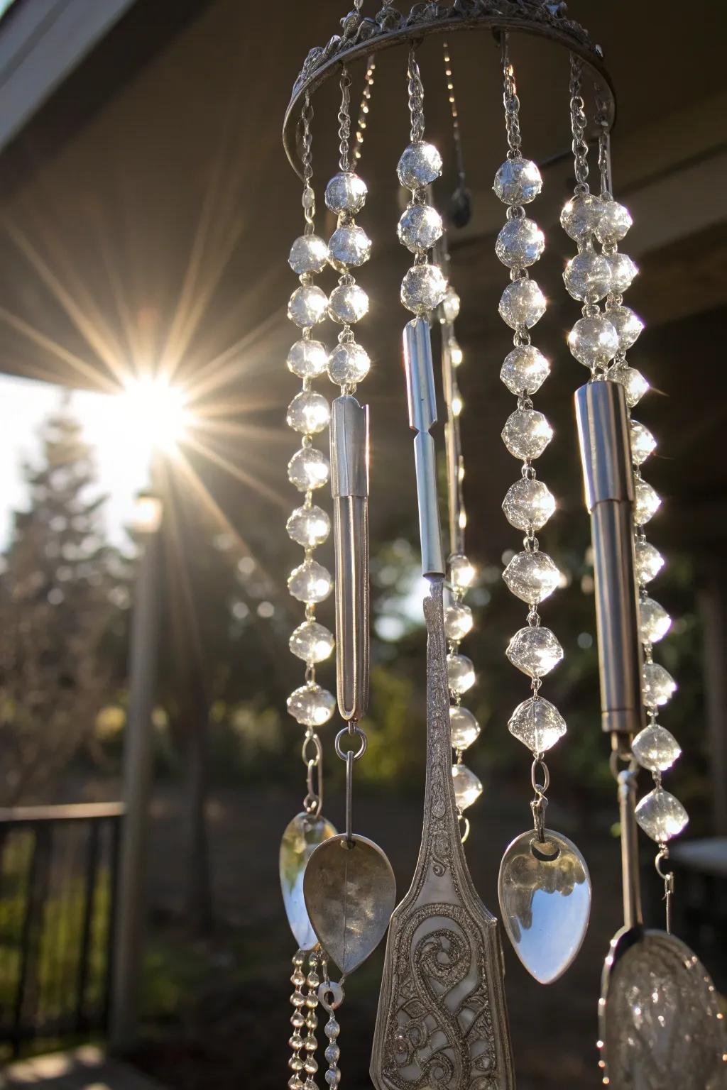 Crystal beads add a dazzling sparkle to this silverware wind chime.