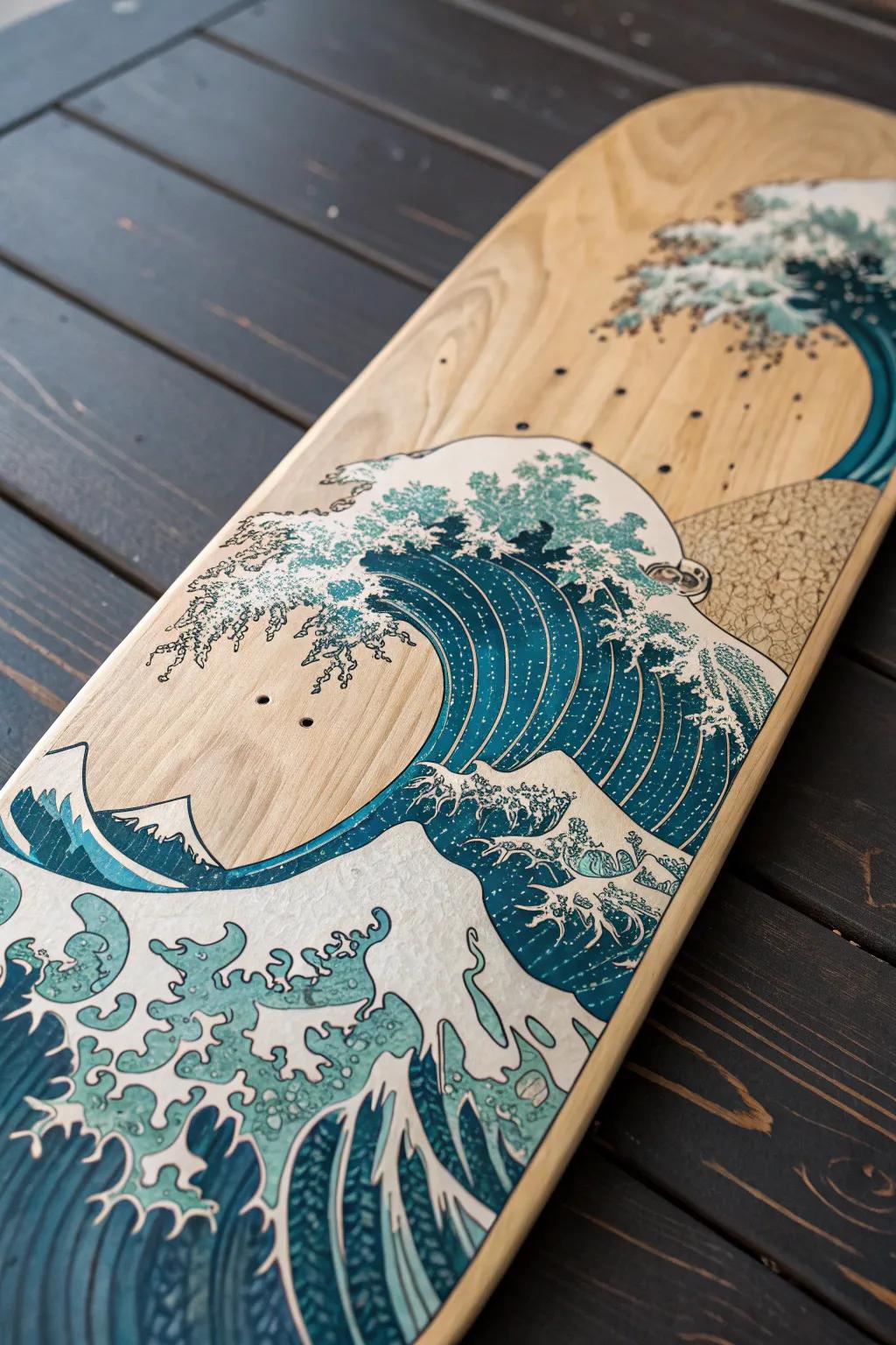 Ride the waves with this artisan-crafted skateboard deck, a masterpiece of ocean-inspired design.