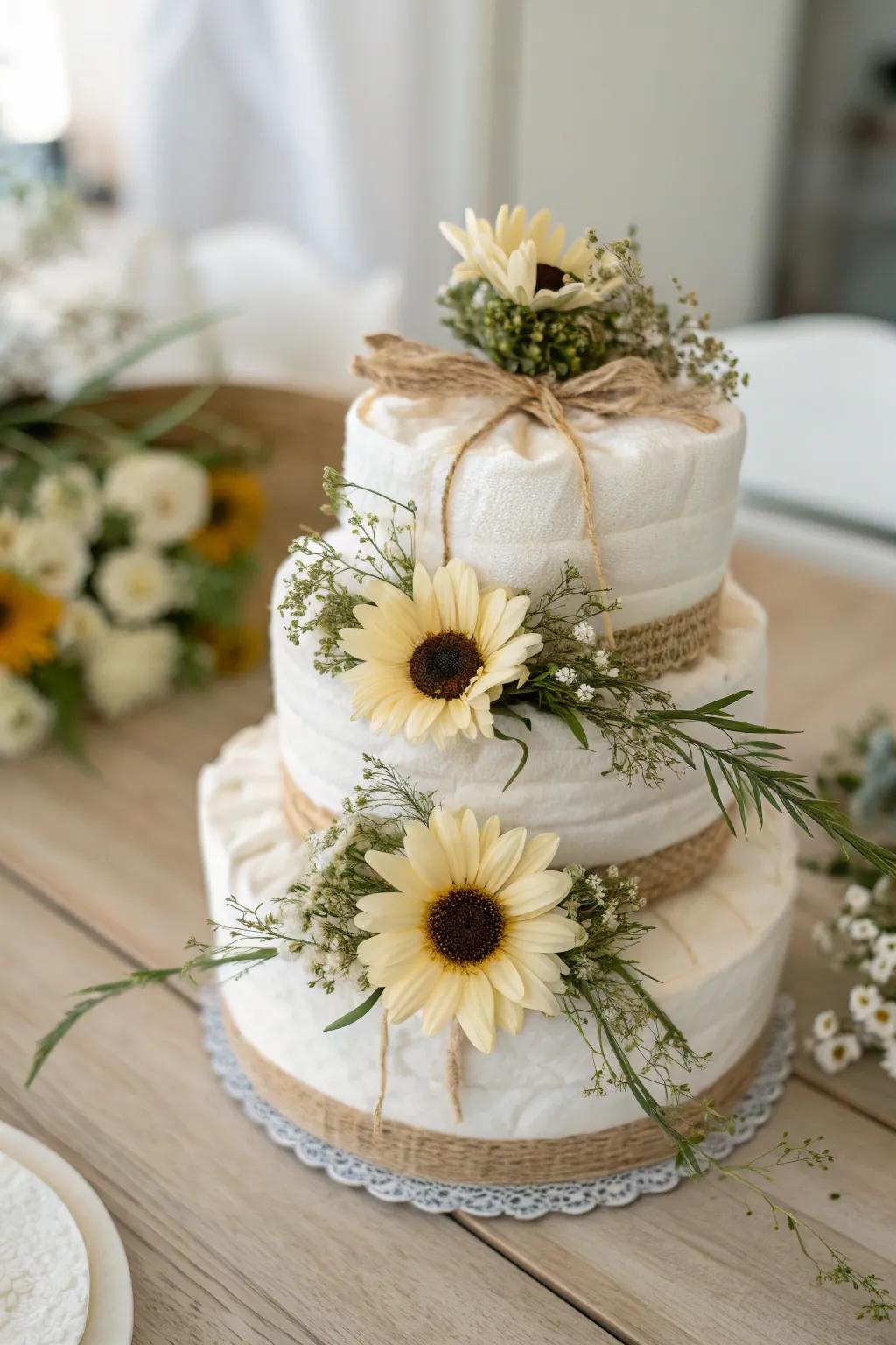 Embrace sunny vibes with this charming sunflower diaper cake, a perfect blend of minimalist and boho elegance.