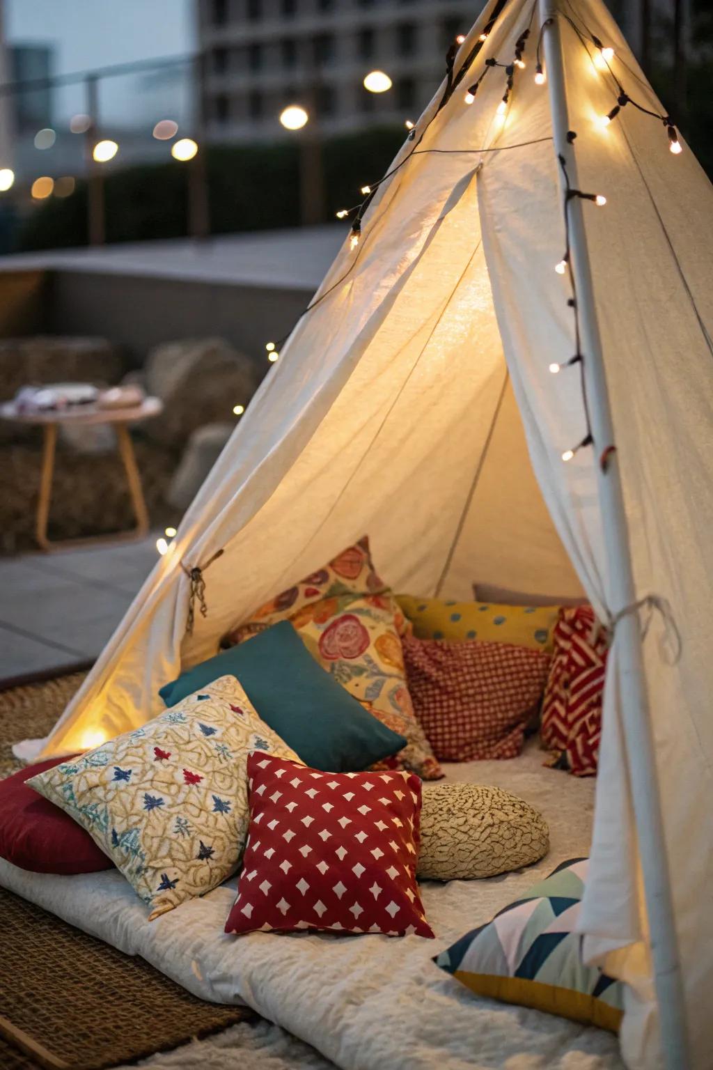 A soft and inviting tent space with plush pillows.