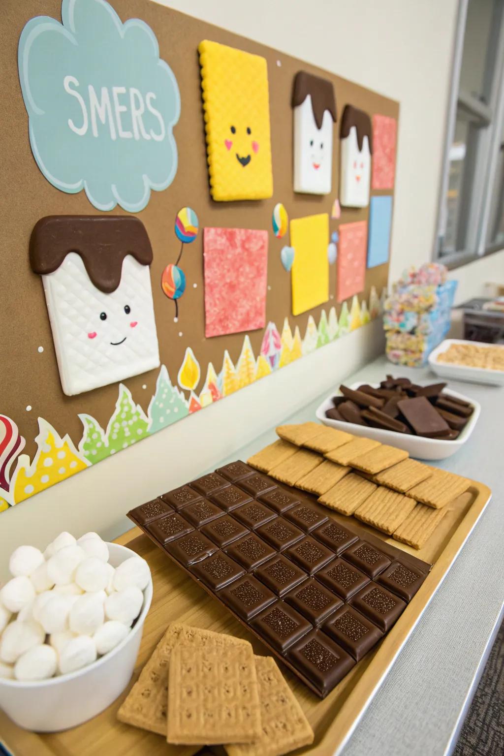 Playful s'mores ingredient cutouts make this board fun and interactive.