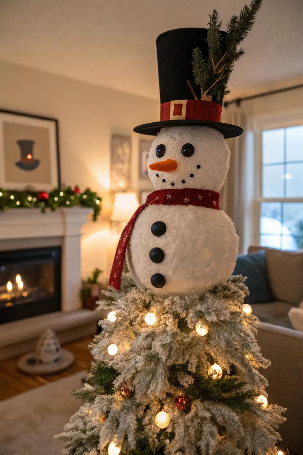 A top hat adds a whimsical touch to the snowman tree.