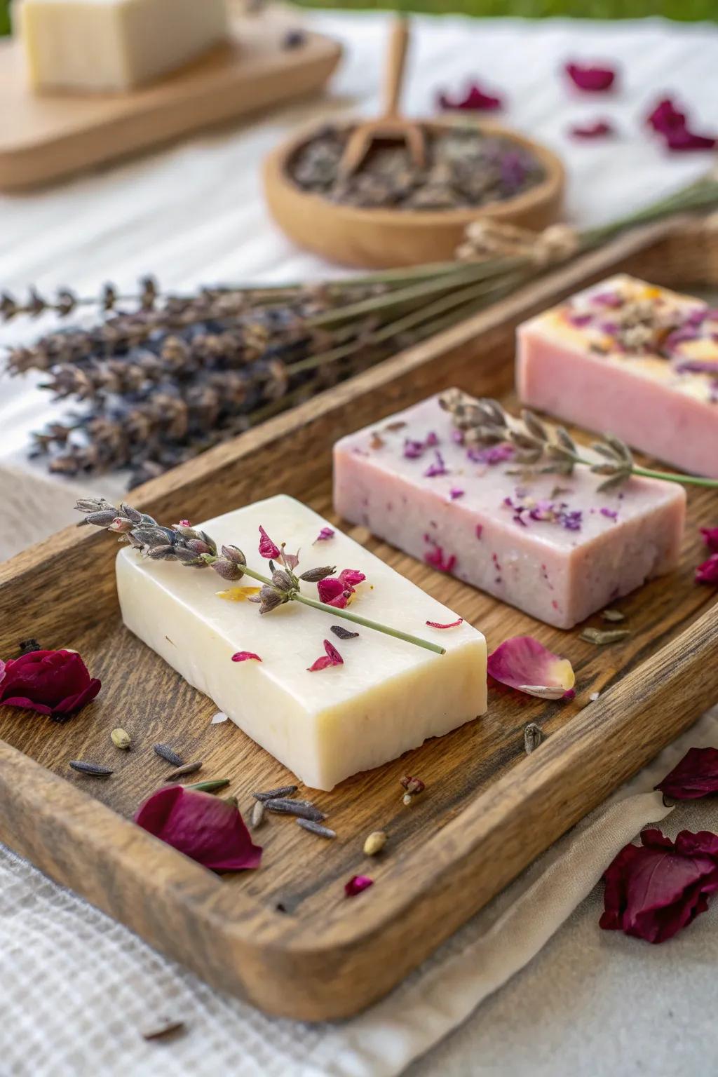 Nature-inspired soap bars featuring dried lavender and rose petals.
