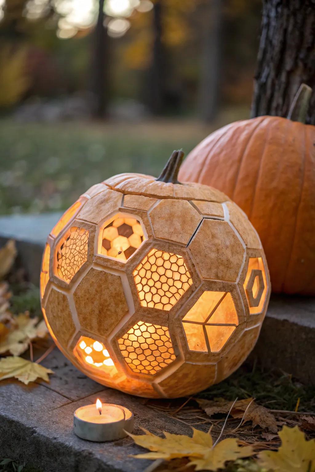Master the art of pumpkin carving with this stunning 3D soccer ball masterpiece.