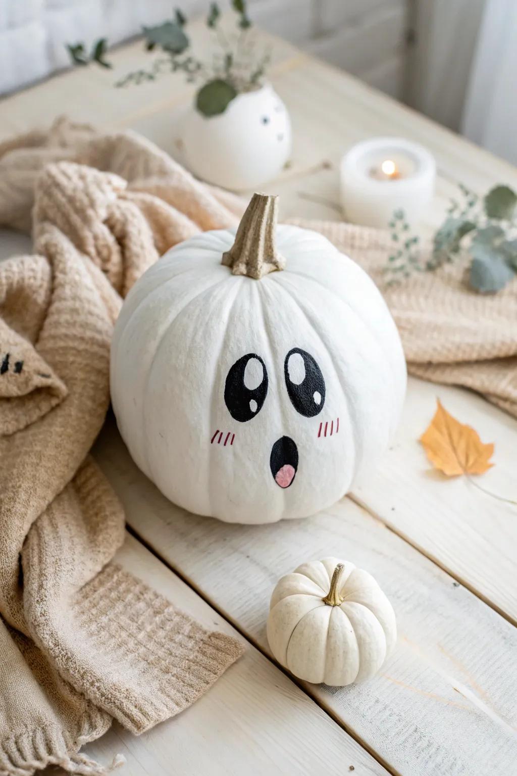 Embrace the ghostly charm: a minimalist ghost face pumpkin perfect for your autumn decor.