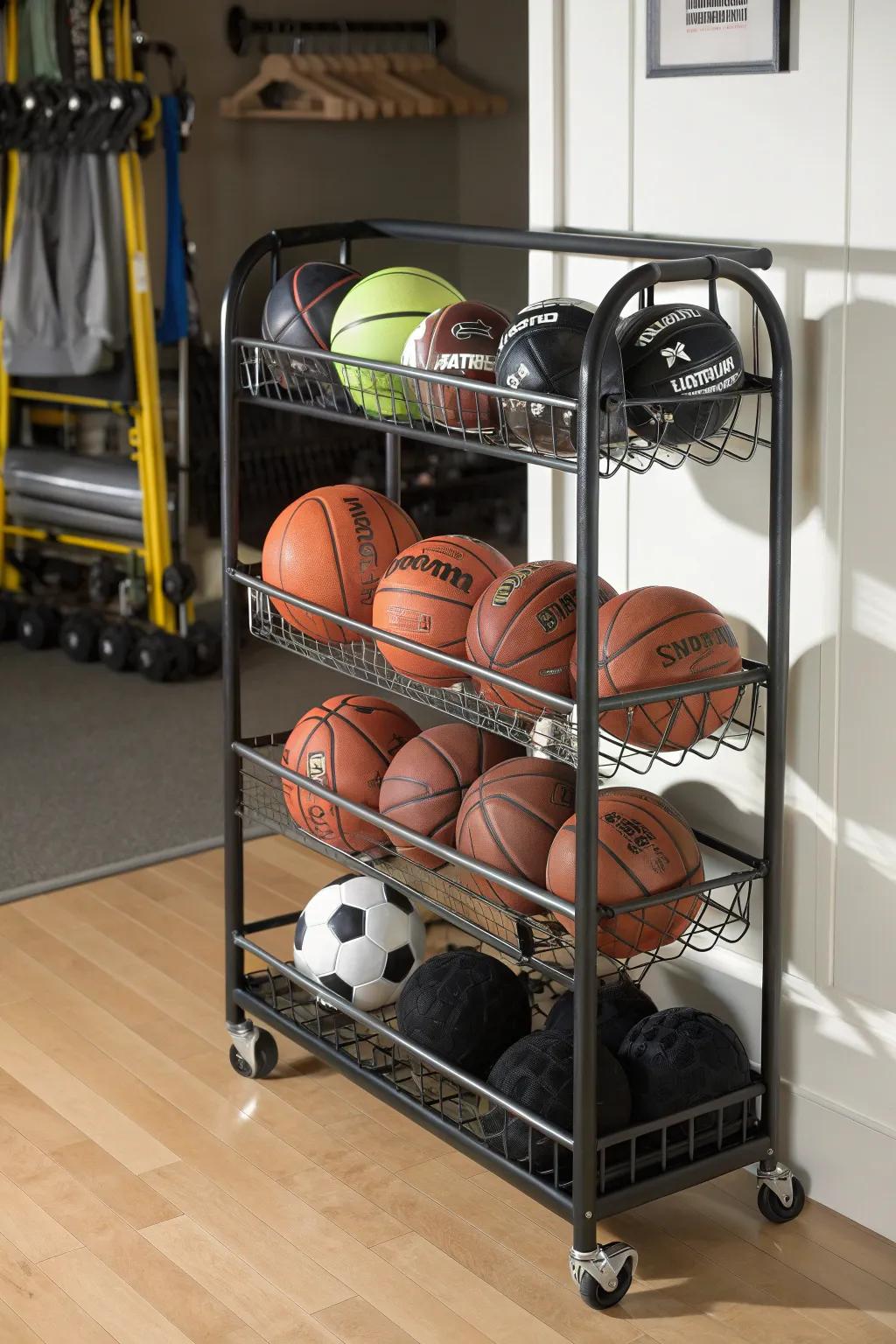 Effortlessly stylish and functional: the ultimate rolling cart for all your sports gear.