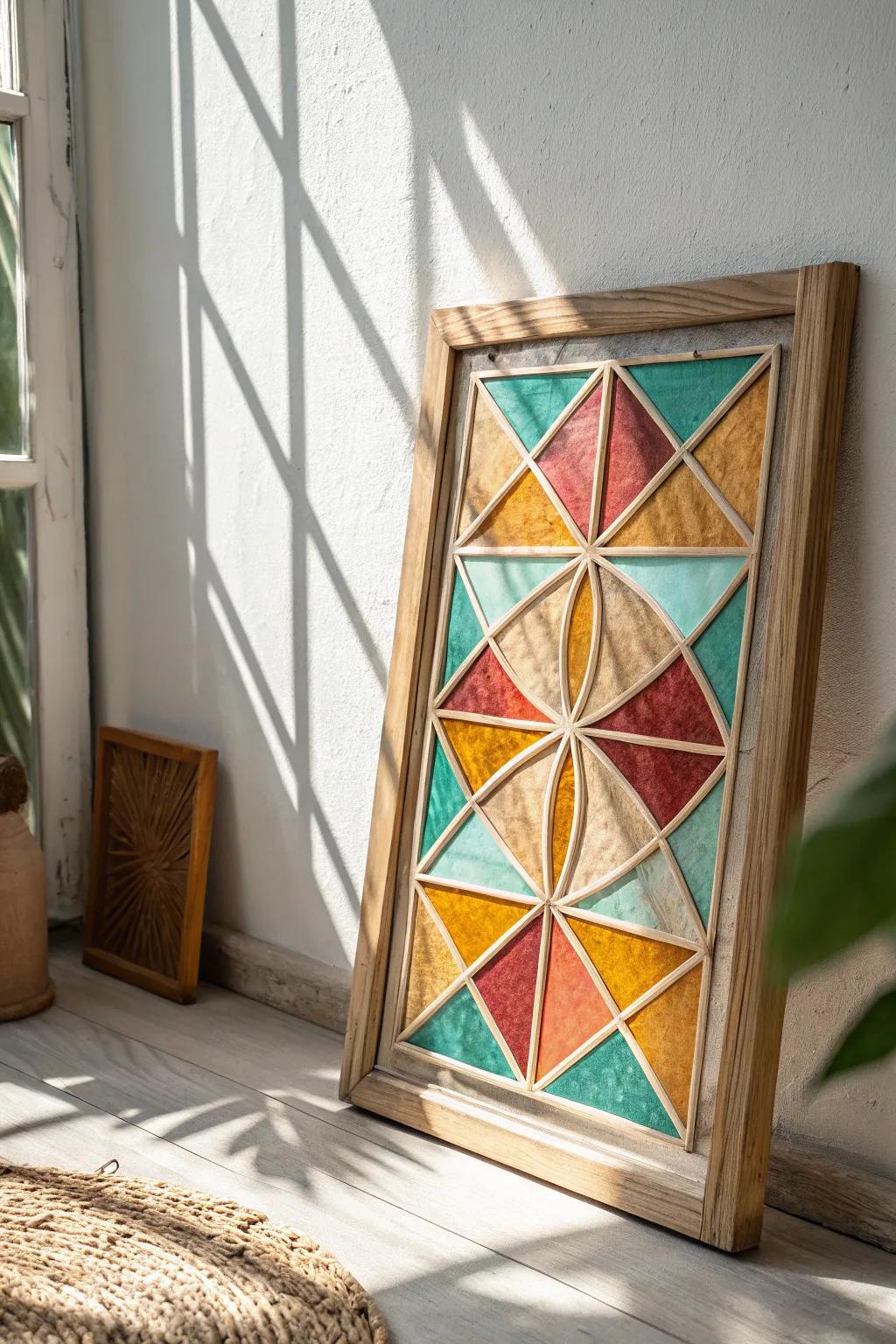 Bring a pop of color and creativity into your space with abstract geometric stained glass.