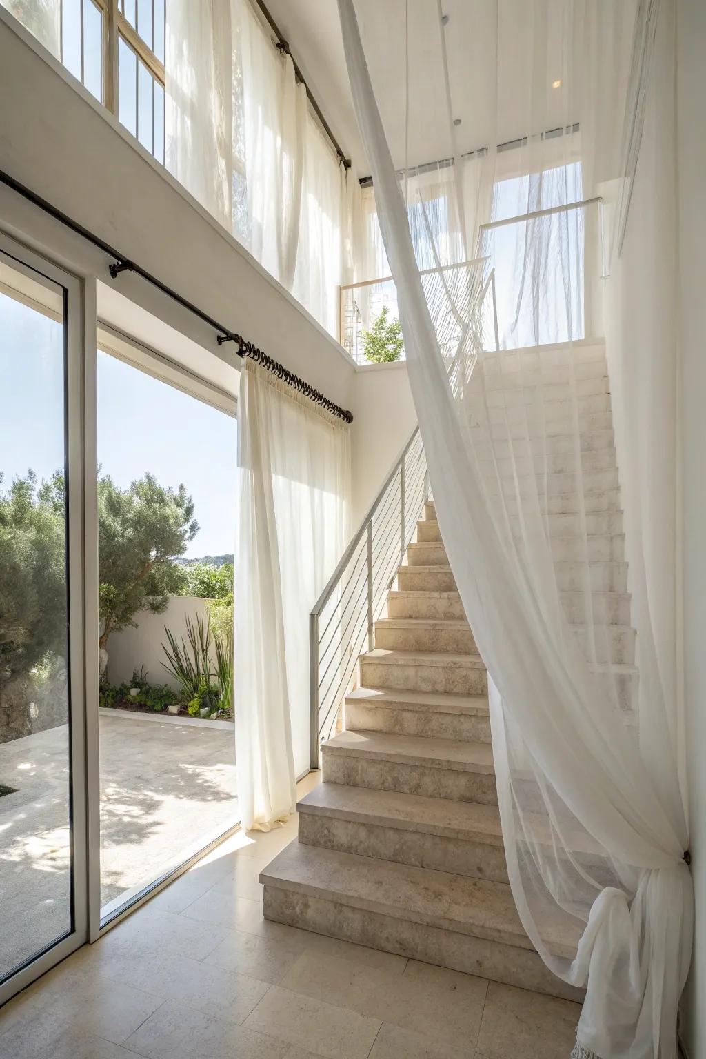 Sheer curtains create a soft and airy ambiance in your stairwell.