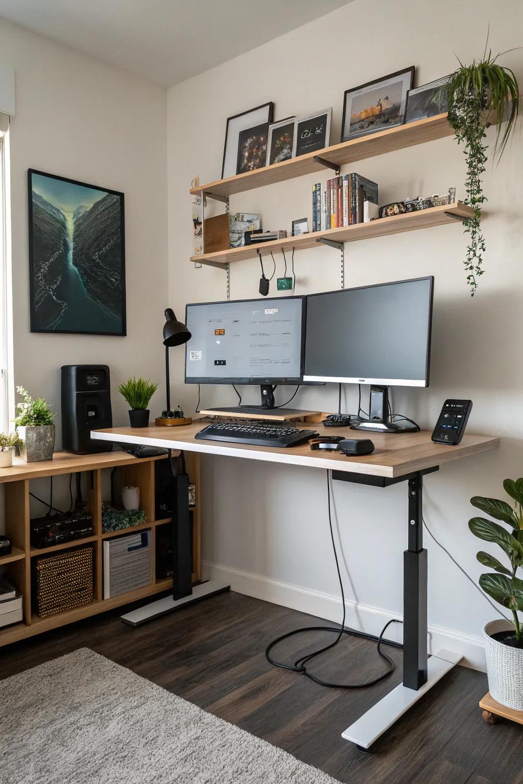 A dual monitor standing desk setup that boosts productivity.