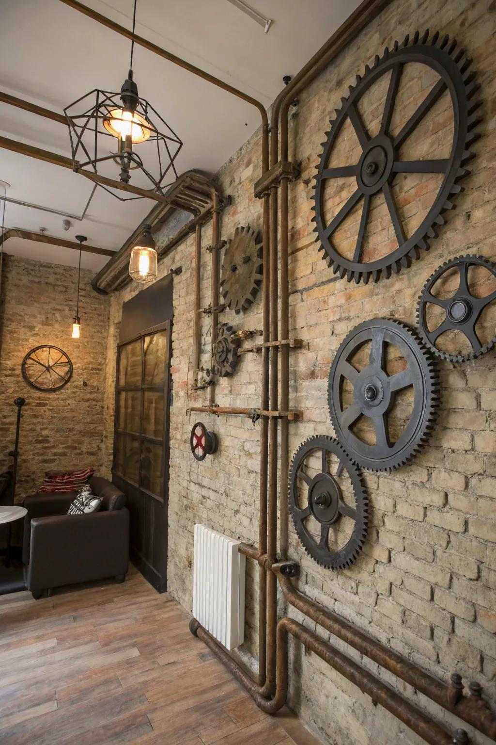 Exposed brick walls lend a rustic charm to this steampunk-inspired interior.