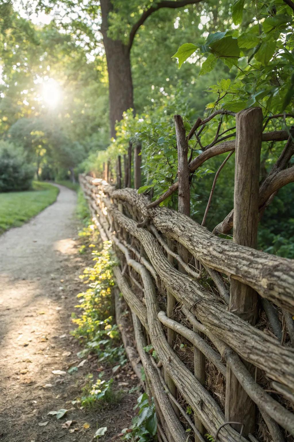 Crafted Elegance: Transform leftover branches into a unique debris fence for an eco-friendly garden feature.