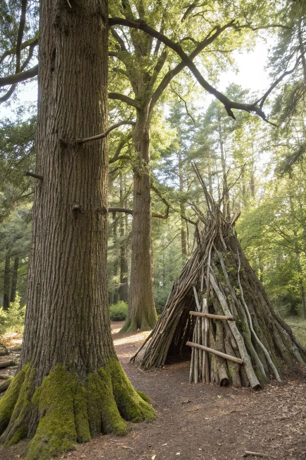 Embrace the art of nature with a crafted sanctuary between ancient oaks.