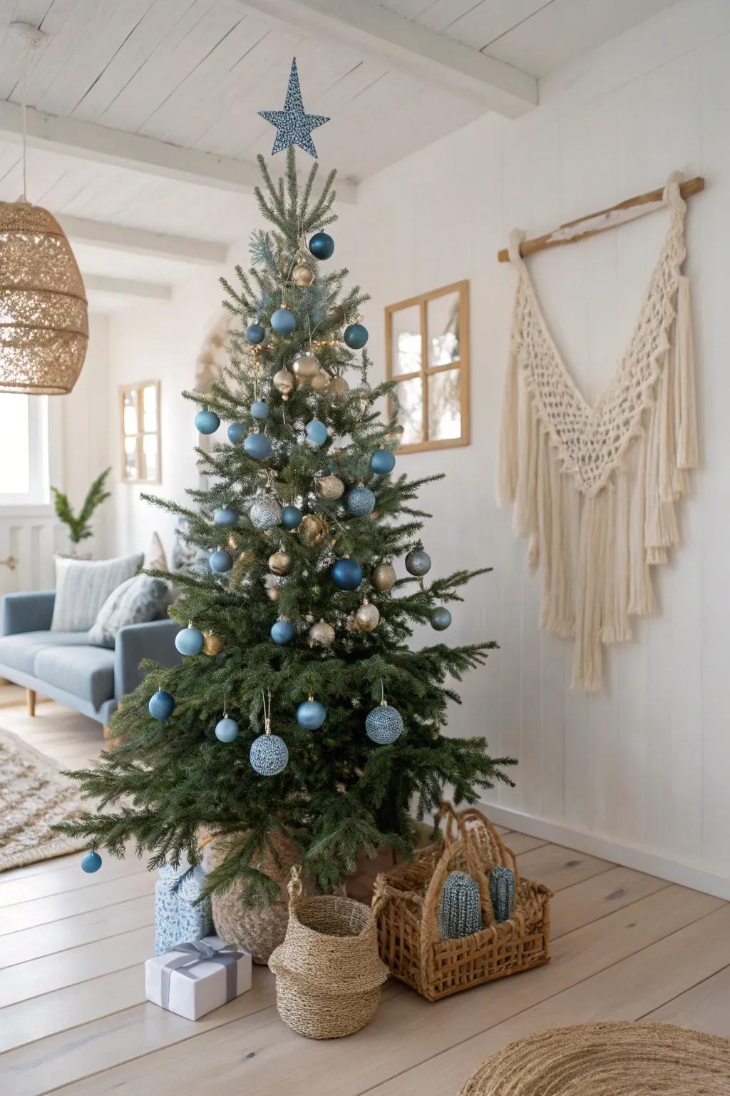 Dive into a Blue Wonderland with this serene Christmas tree, where elegance meets oceanic tranquility.
