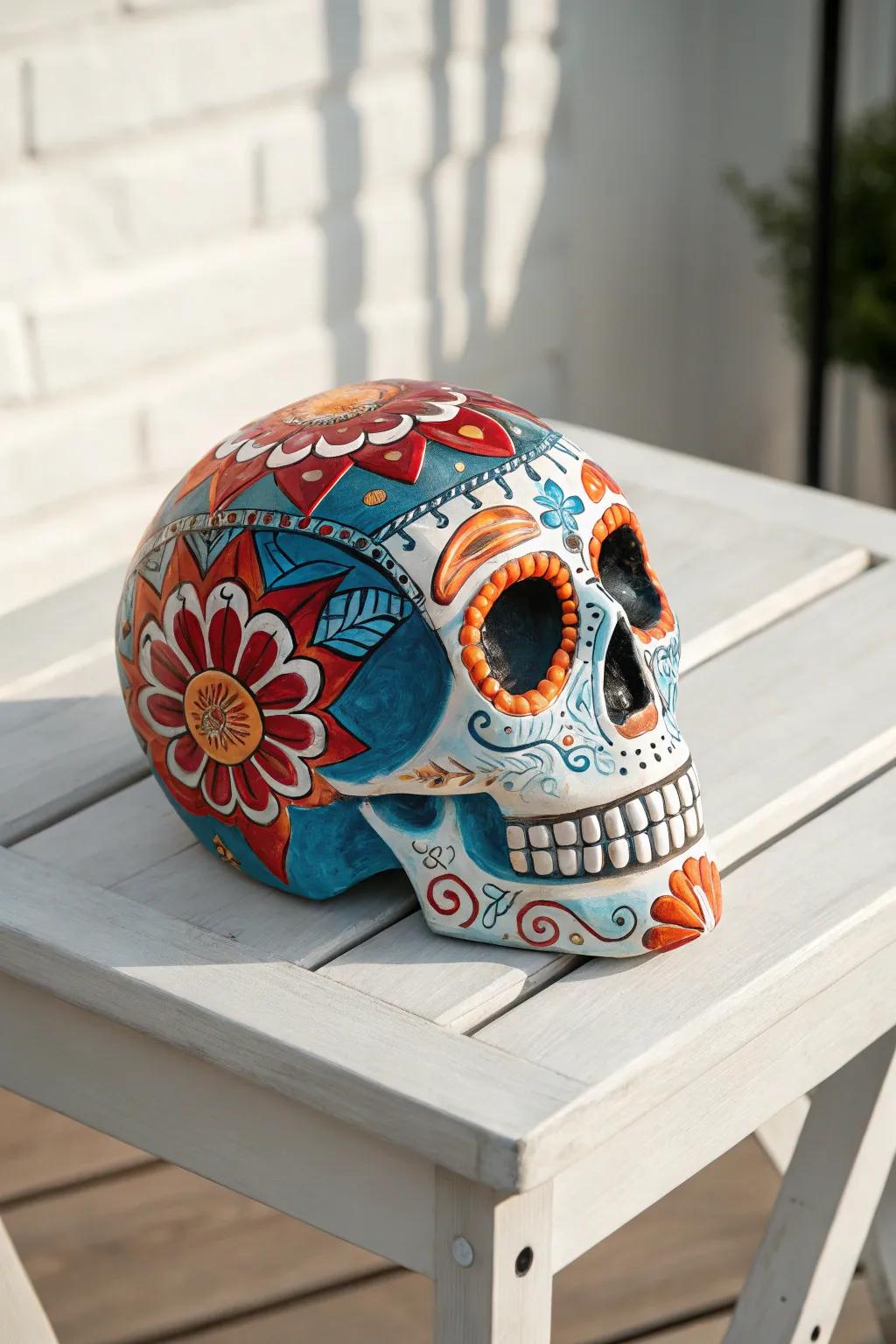 Embrace the art of vivid colors with this sunset-inspired sugar skull masterpiece!
