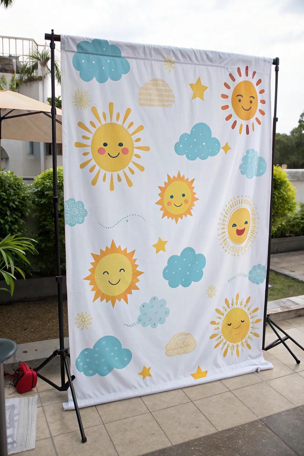 A whimsical sunshine-themed backdrop perfect for capturing memories.
