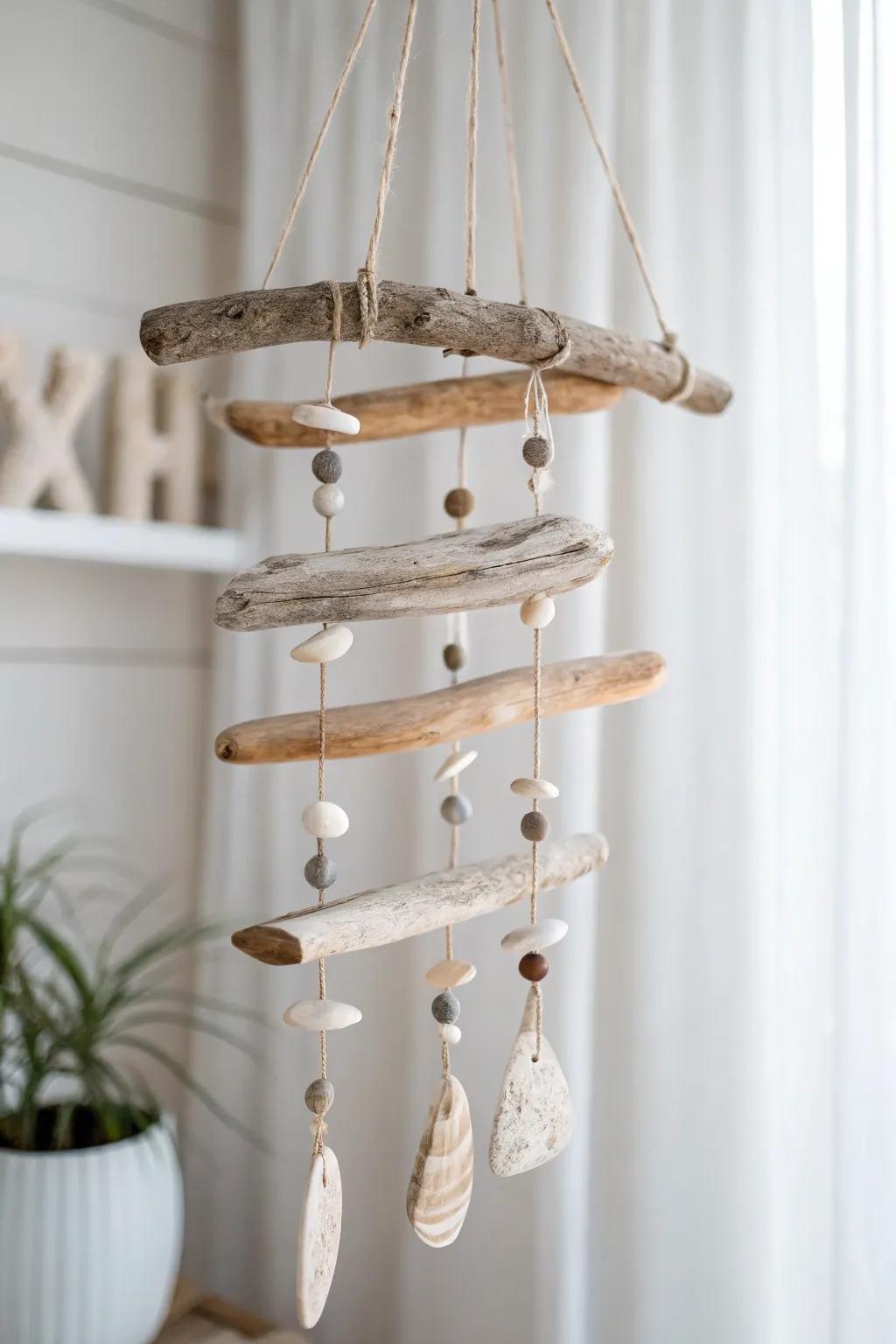 Bring the ocean's magic indoors with a handcrafted driftwood mobile—where simplicity meets natural beauty.