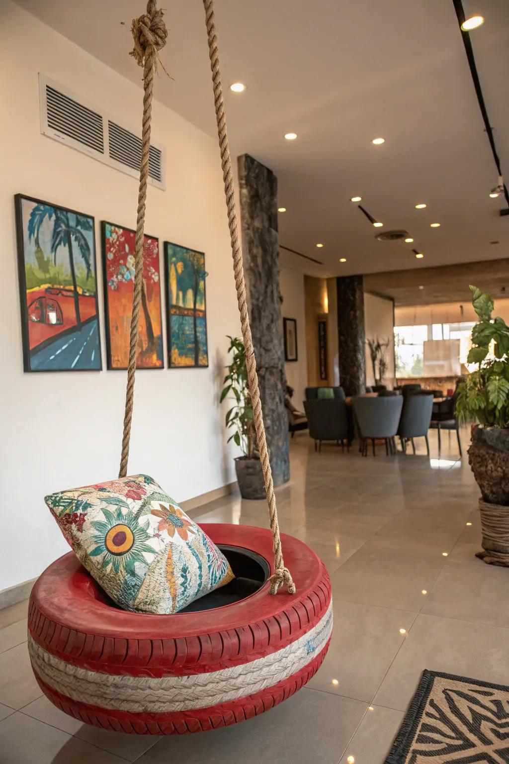Make a bold statement with an upcycled tire swing in your living room.