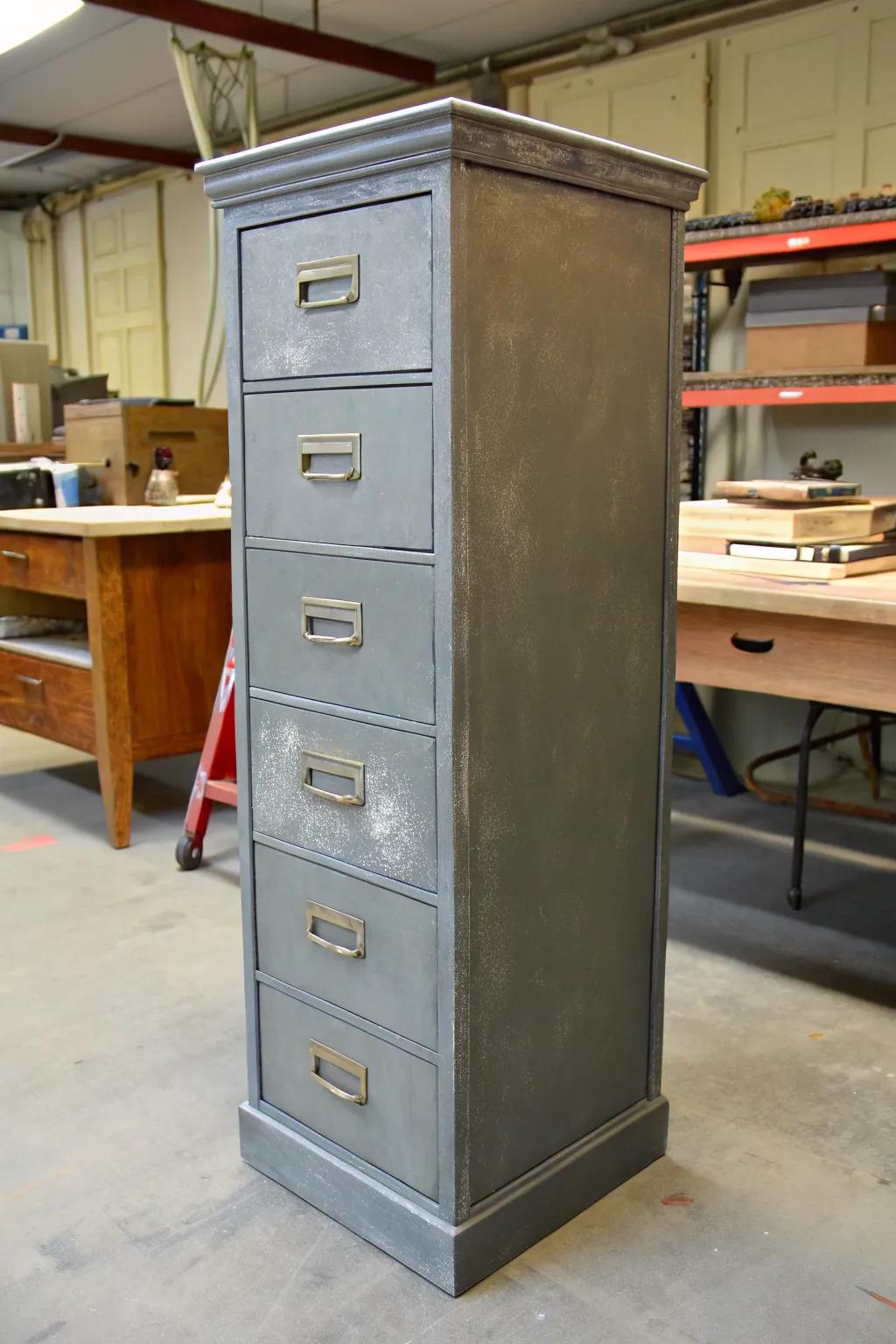 Transform your space with the timeless elegance of a chalk-painted filing cabinet.