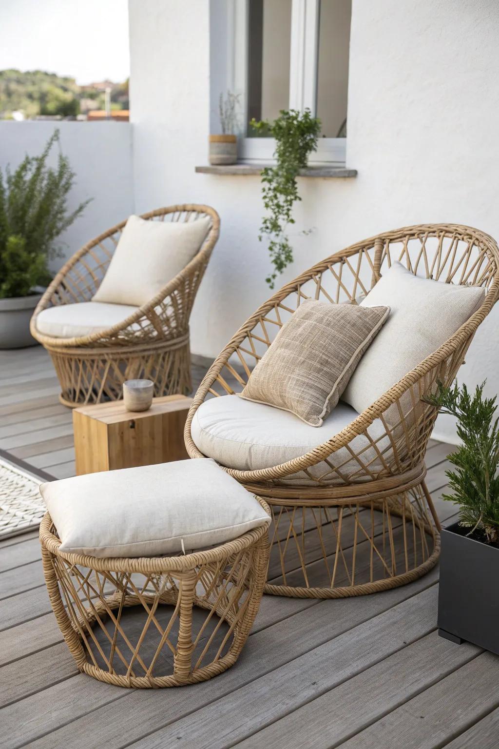 Create your serene escape with cozy wicker seating—perfect for unwinding with a book or a chat with friends.