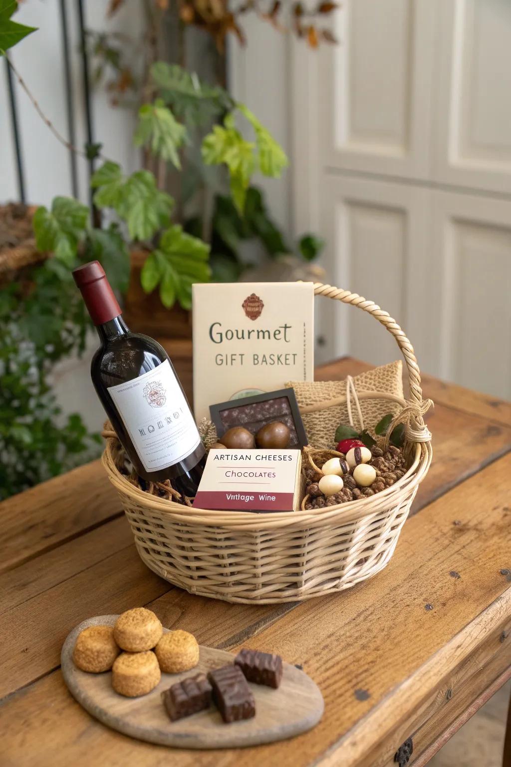 Indulge in a taste of elegance with this gourmet delight basket, perfect for a cozy evening at home.